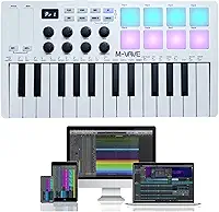 M-VAVE VEDO Teclado controlador 25 teclas USB MIDI com 8 pads de bateria retroiluminados, teclado dinâmico profissional semipesado Bluetooth, 8 botões e produção musical, software incluído (branco)