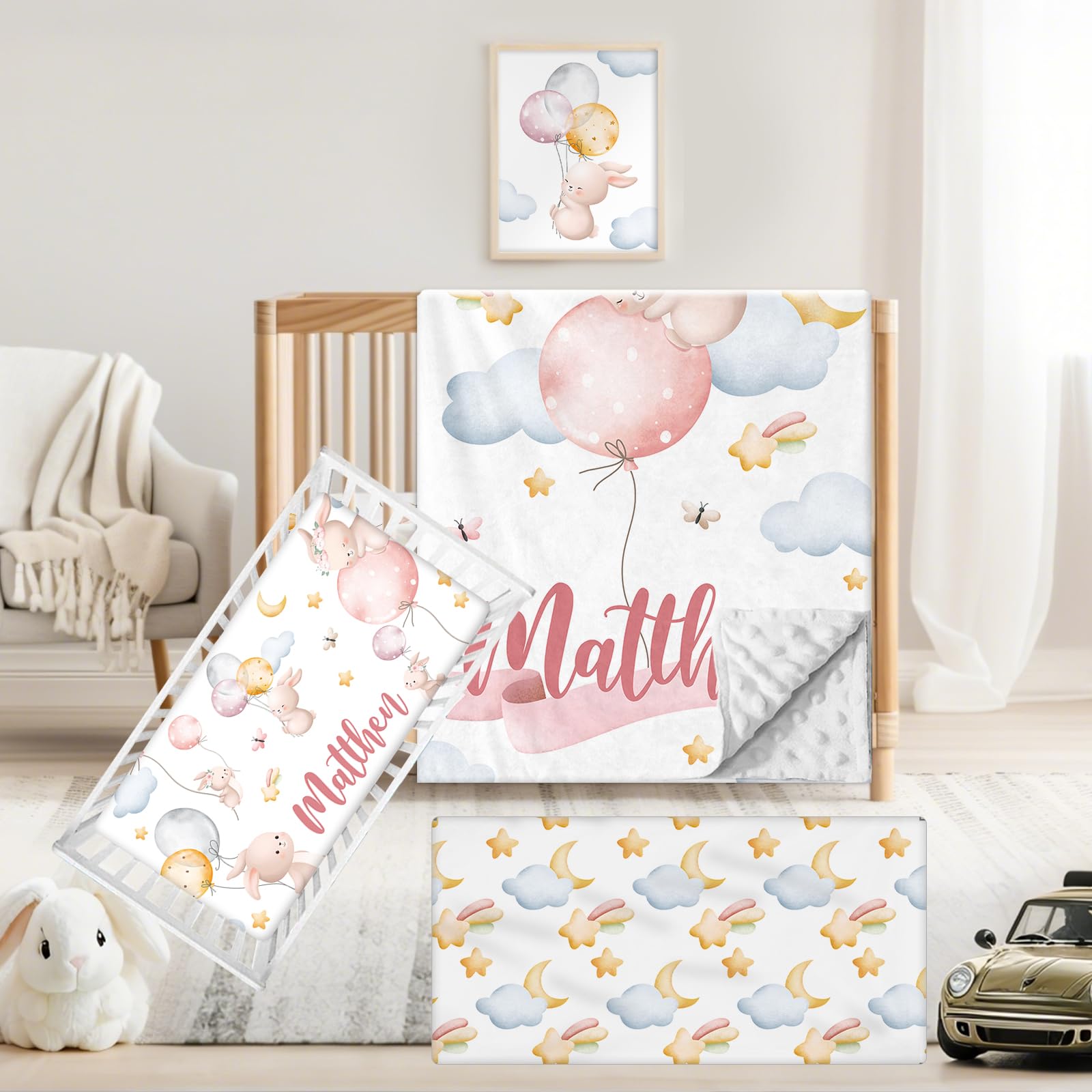 Sunamd Custom Baby Crib Bedding Set, 3 PCS Personalized Name Pink Rabbit Theme Toddler Crib Sets, Double Layer Flannel Nursery Bedding Sets for Girls Boys, Baby Bed Set for Infant Kid Newborn Gifts