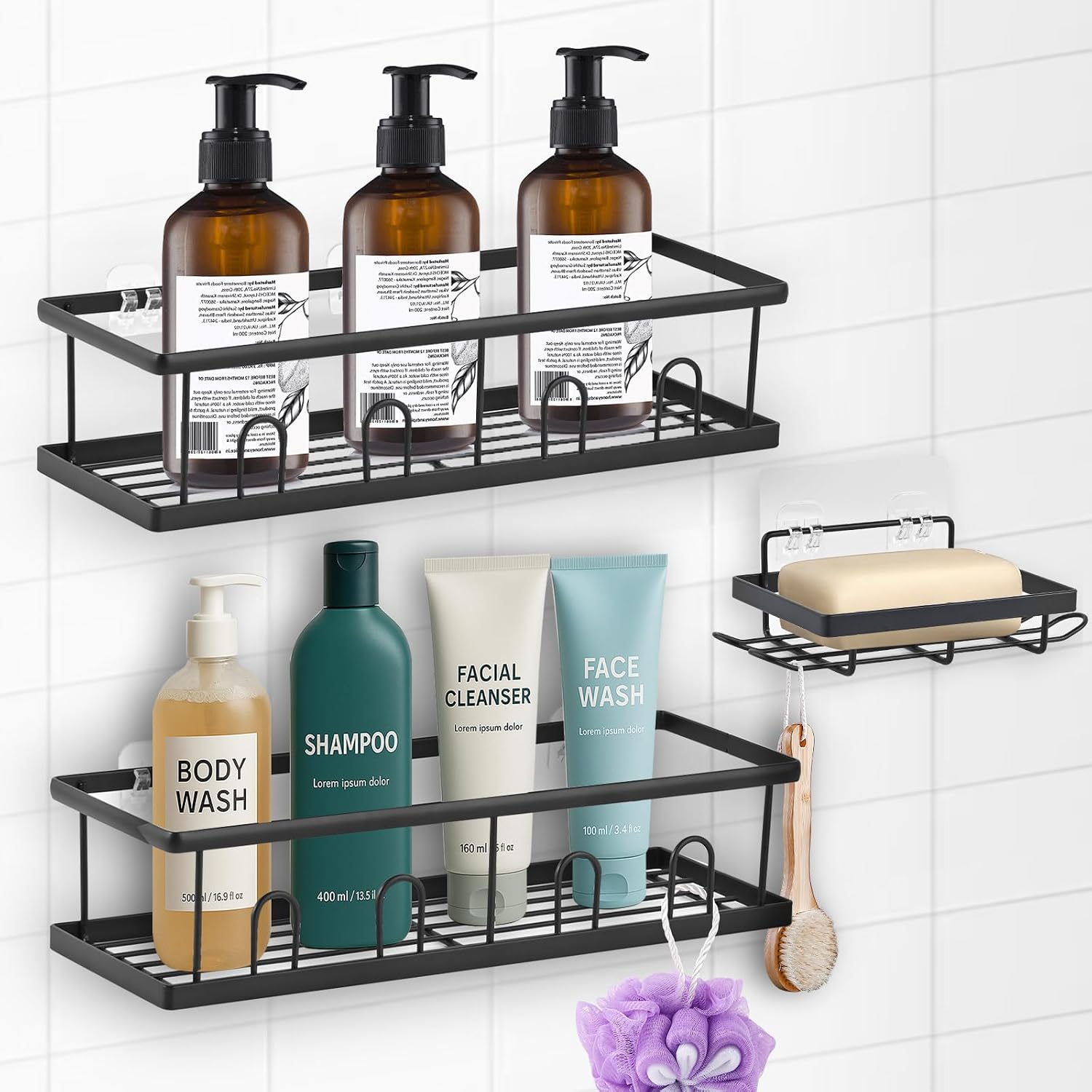 CHEPULA Shower Shelf No Drilling Pack of 3 Premium Shower Shelves with Large Capacity Quick Drying Rustproof Shower Gel Holder Shelf Shower Durable Shampoo Bathroom Organiser Black