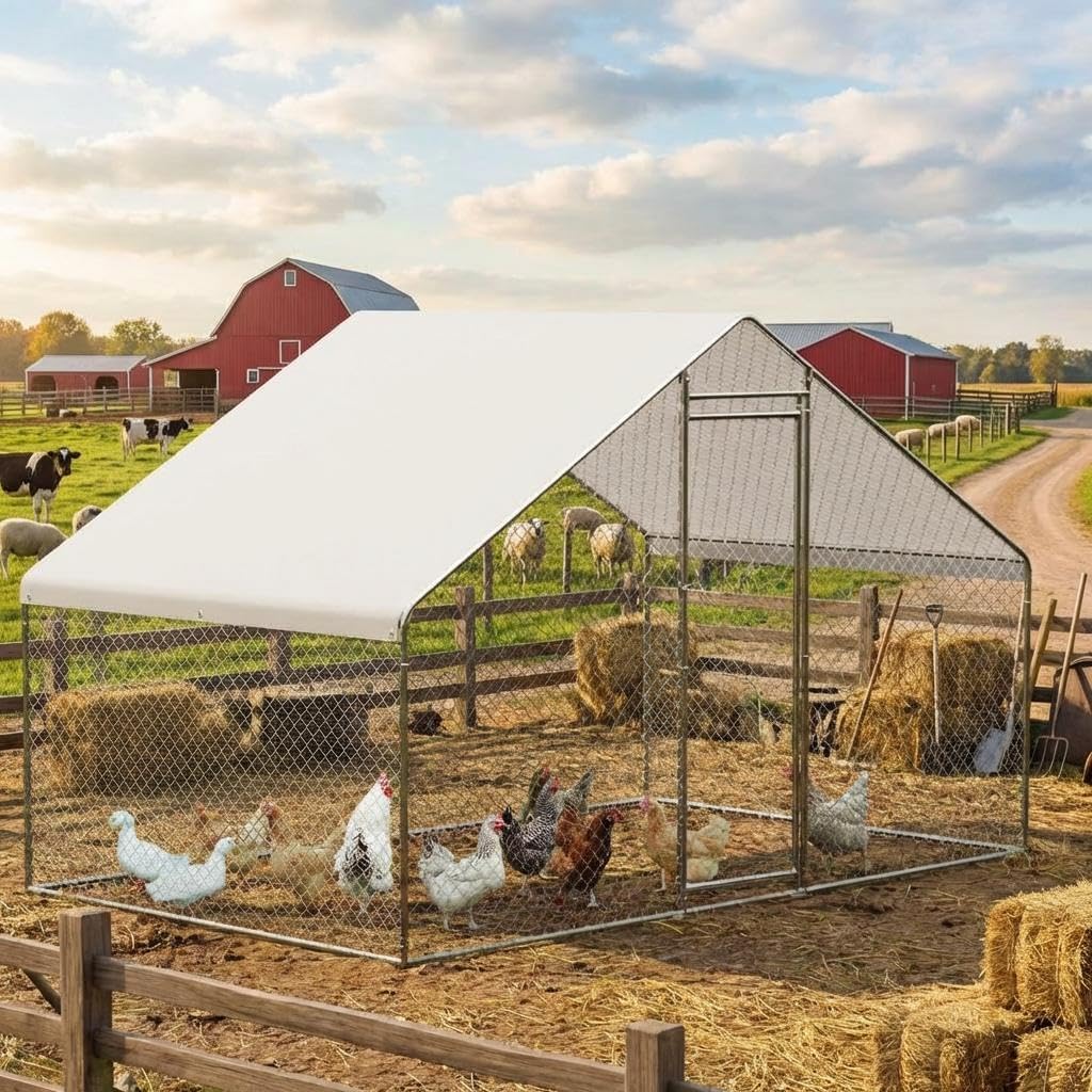 Large Metal Chicken Coop, Large Chicken Run, Walk-in Poultry Cage with Waterproof and Anti-UV Cover for Outdoor Yard Farm Use (9.8' L x 6.5' W x 6.6' H)