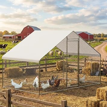 Large Metal Chicken Coop, Large Chicken Run, Walk-in Poultry Cage with Waterproof and Anti-UV Cover for Outdoor Yard Farm Use 9.8 L x 6.5 W x 6.6 H
