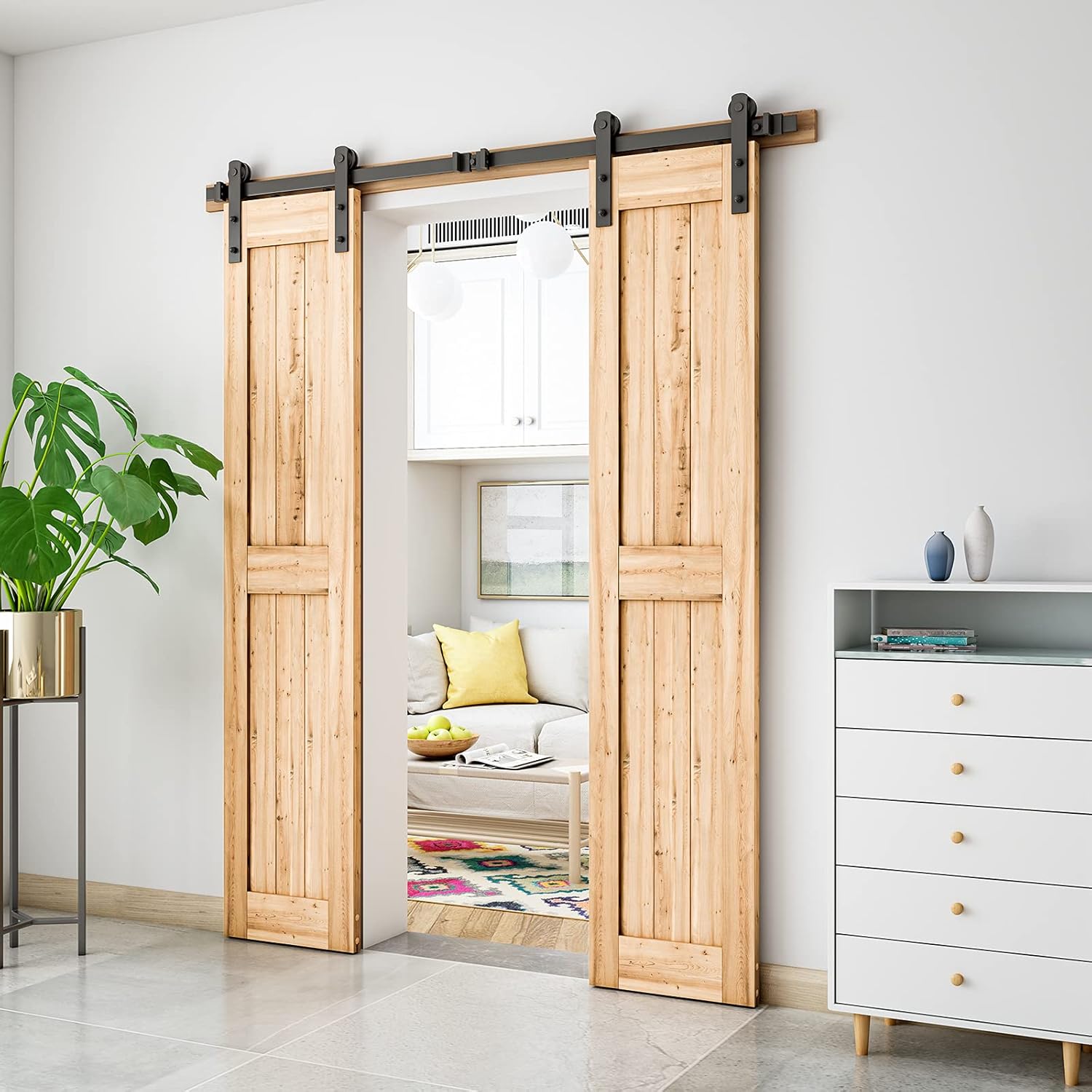 SMARTSTANDARD 6FT Heavy Duty Double Door Sliding Barn Door Hardware Kit,Smoothly and Quietly-Easy to Install-Includes Step-by-Step Installation Instruction Fit 18" Wide Door Panel