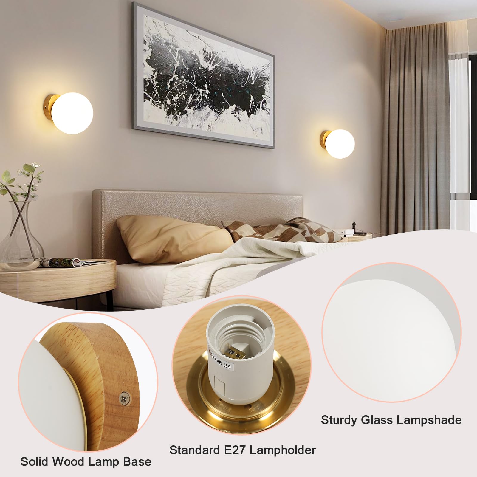 Wandleuchte Innen Holz, Vintage Wandlampe Treppenhaus E27, Runden Moderne Wandleuchte, Weiß Lampenschirm aus Glas Wandbeleuchtung für Wohnzimmer Schlafzimmer Flur, Nicht Leuchtmittel