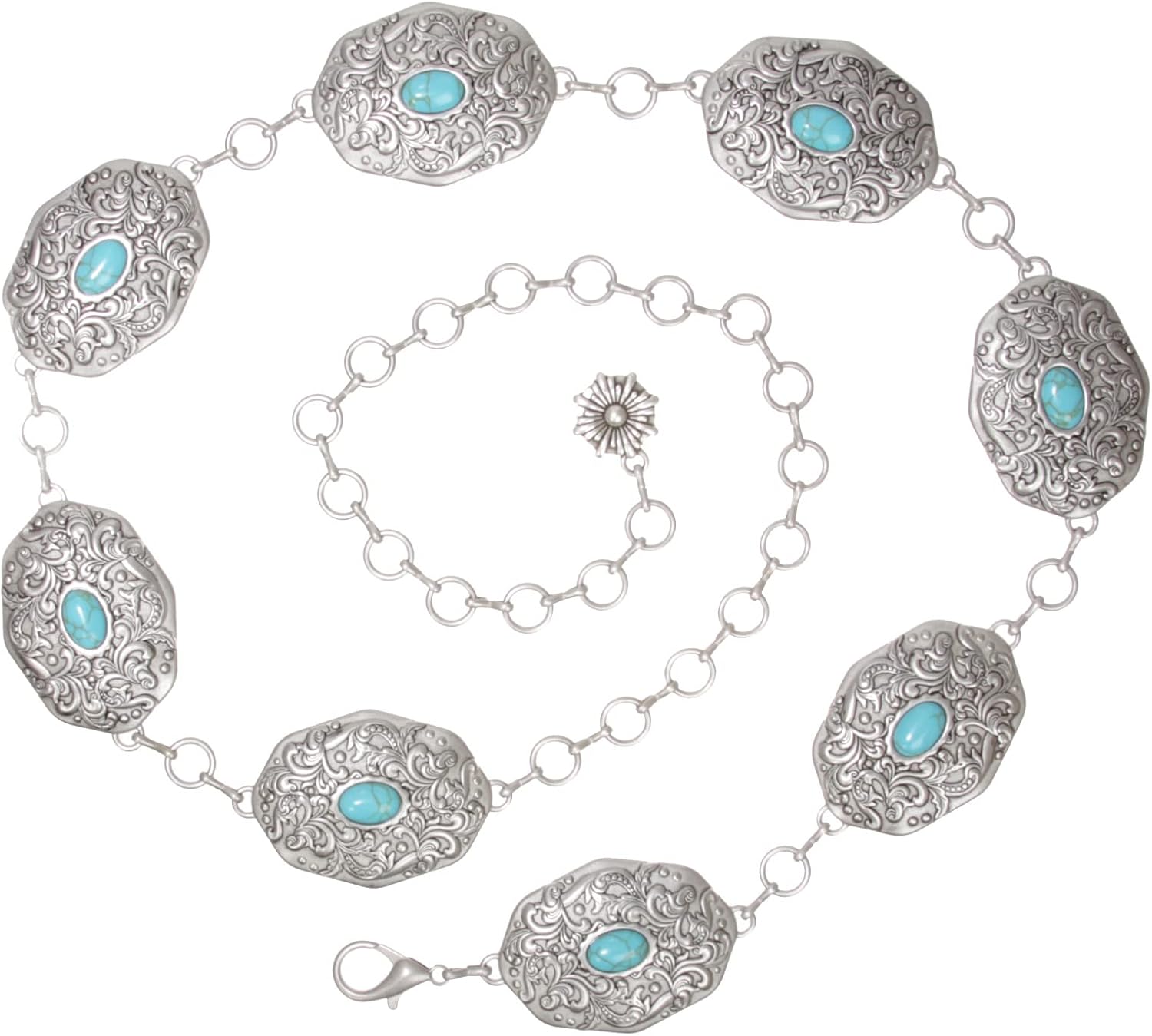 Women's Western Turquoise Blue Stone Oval Concho Chain Belt
