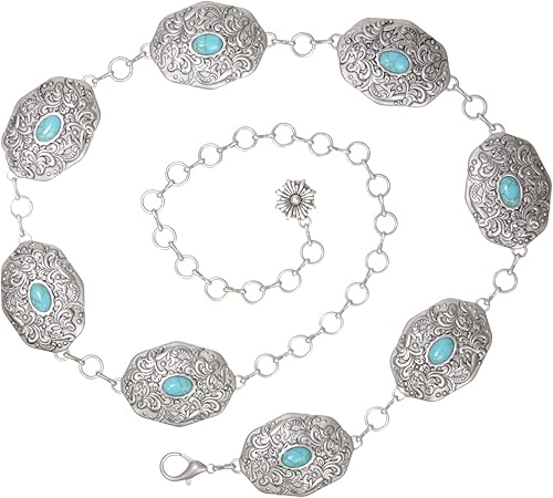 beltiscool Cinturón de cadena ovalada de piedra azul turquesa occidental para mujer