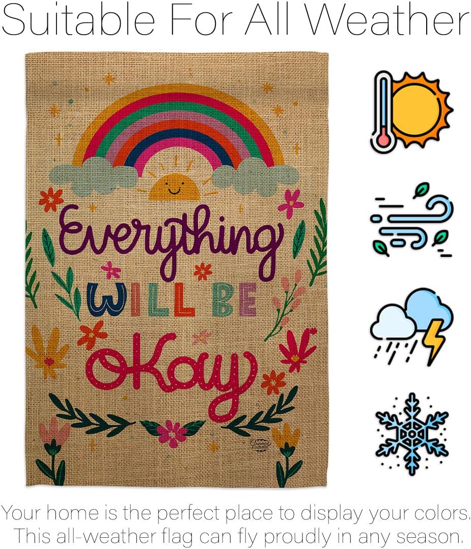 Everything Be Okay Garden Flag - Set with Stand Expression Inspirational Spiritual Hope Love Wisdom Support Emotion Postive - House Banner Small Yard Gift Double-Sided Made In USA 13 X 18.5