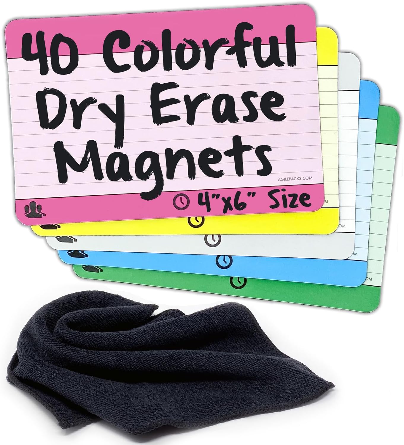 Dry Erase Magnet Kit by AgilePacks for Kanban Board, Agile, Scrum, | 4x6 Reusable Planning Cards Plus Magnetic Microfiber Eraser Cloth - Colors Pro Kit