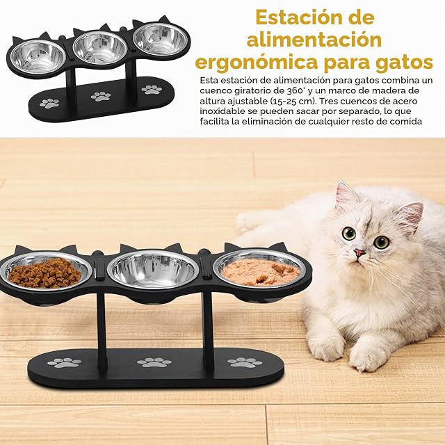Foto 6 de 7 de WANDGU - Cuenco para gatos elevado: estación de comida para gatos con 3 cuencos de acero inoxidable y soporte…