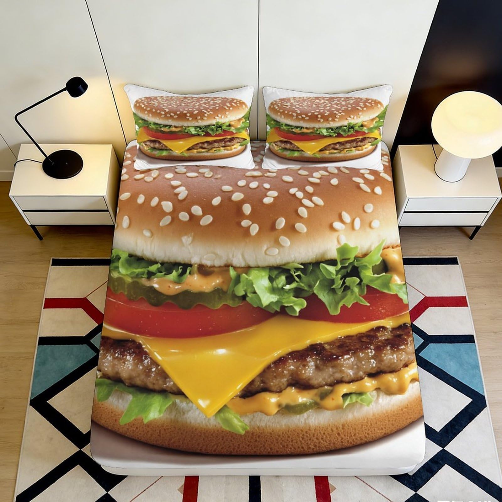 3D Printed Burger Food Fitted Sheet Microfiber Soft Breathable Cheeseburger Bed Cover for Bedroom Guest Room Mattress Protection Decor 120x200x25cm