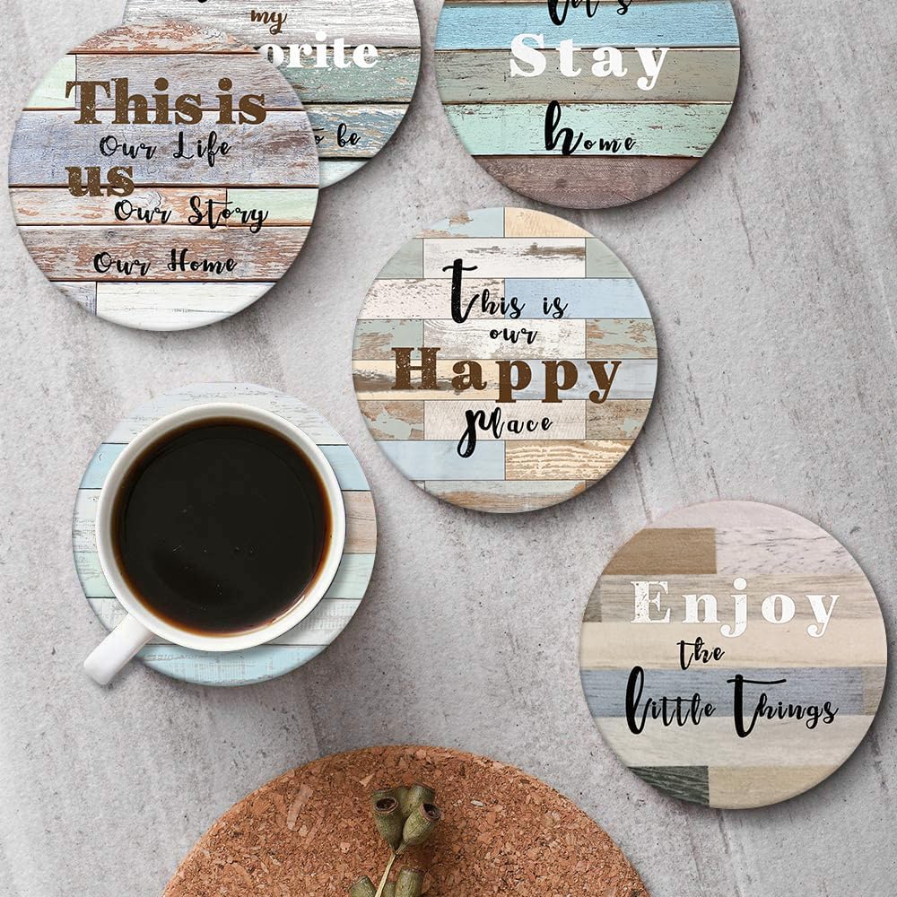 Coasters for Drinks Set of 6, Farmhouse Wood Home Happy Saying Phrase Absorbent Round Ceramic Stone Mat, with Cork Base and Metal Holder, Gift for Housewarming Room Bar Decor - Image 4