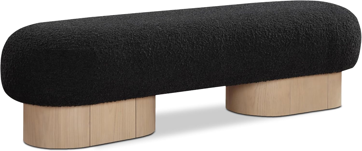Meridian Furniture 22001Black Robertson Collection Art Deco Bench with Luxurious Black Boucle Fabric and Rich Natural Oak Finish, 60.5" W x 18" D x 16" H, Black