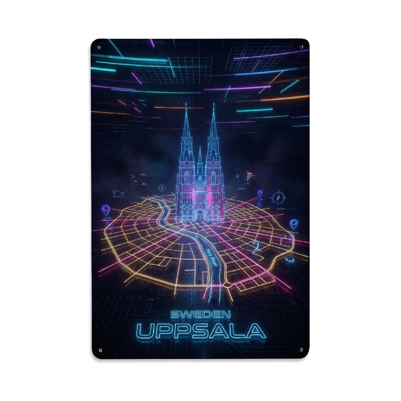 Uppsala Sweden Futuristic City Cyber Synthwave Neon Map Metal Tin Sign Plaque Wall Decor for Cafe, Man Cave, Club Bar, Office, Home Garden Round Metal Poster 8x12Inch