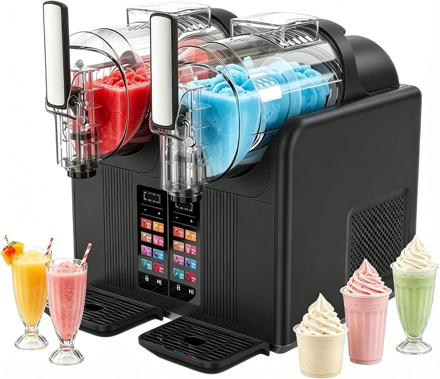 Maszyna do slushie 7w1, 2x2L, bez lodu, inteligentne sterowanie, wyświetlacz LED, autoczyszczenie, do przygotowania margarity, frappe i smoothie w 30 minut – domowe party