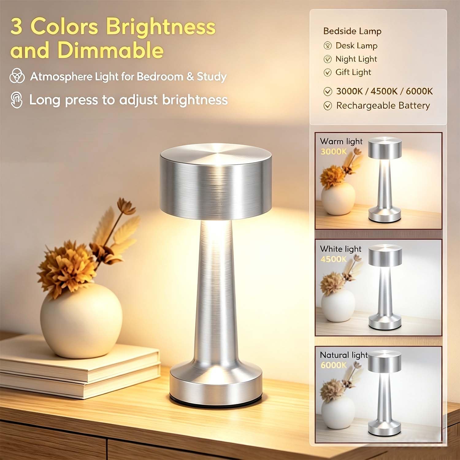 HPUFKOT Portable LED Table Lamp, 3-Levels Brightness Metal Desk Lamp,3 Color Touch Control Rechargeable Lamp, Ideal Bedside Lamp for Nightstand,Bedroom, Living Room (Silver) image 3