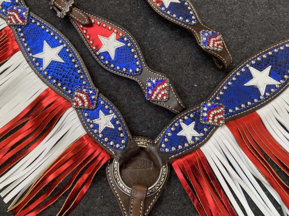 Showman Single Ear Leather Headstall & Breast Collar Set w/Patriotic Design, Average Full Size Horse