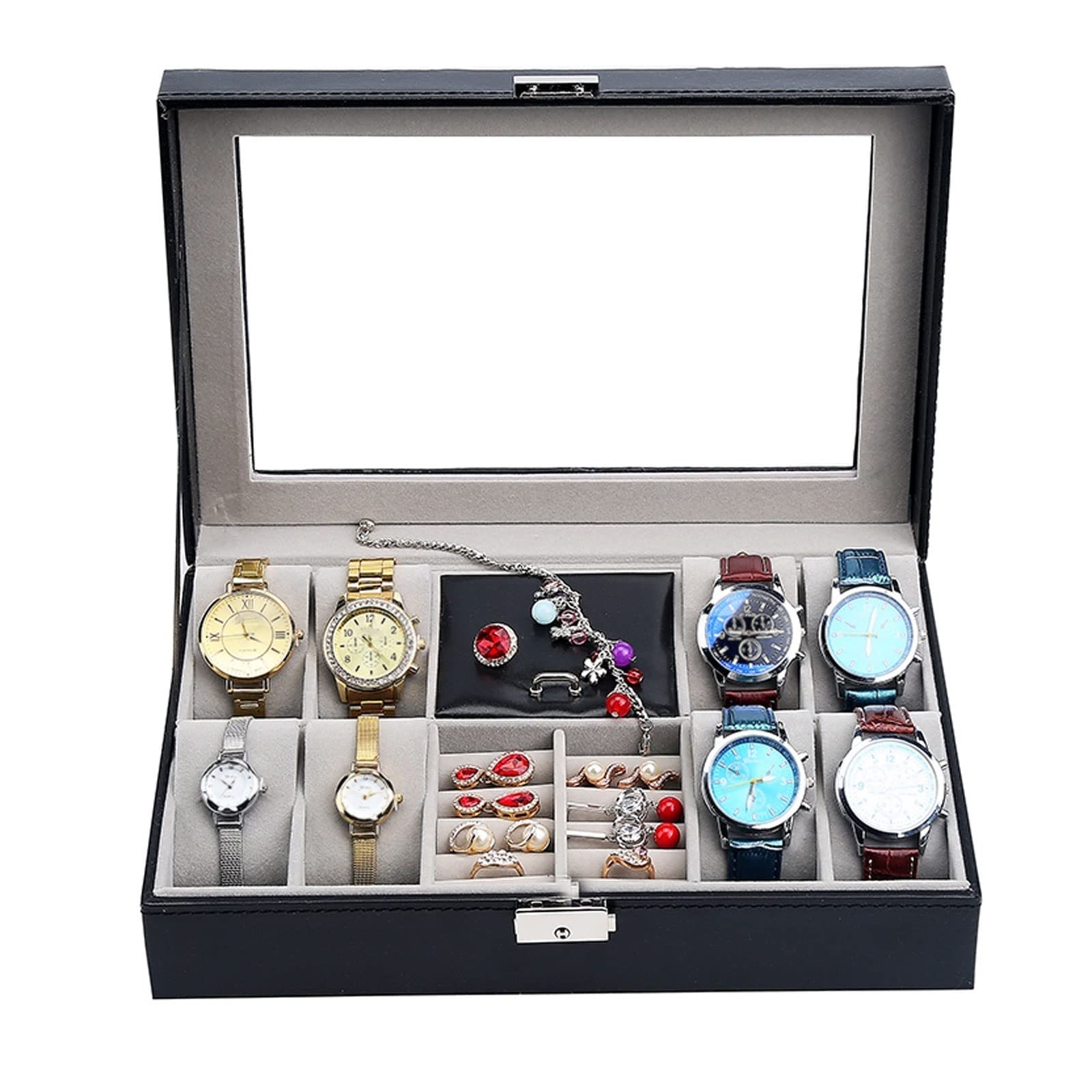 ANVLOJRIH Watches Box Watch Box 6 Slot Watch Organizer Jewelry Display Case Clear Case with Jewelry Drawer for Storage and Display Box Watch Box