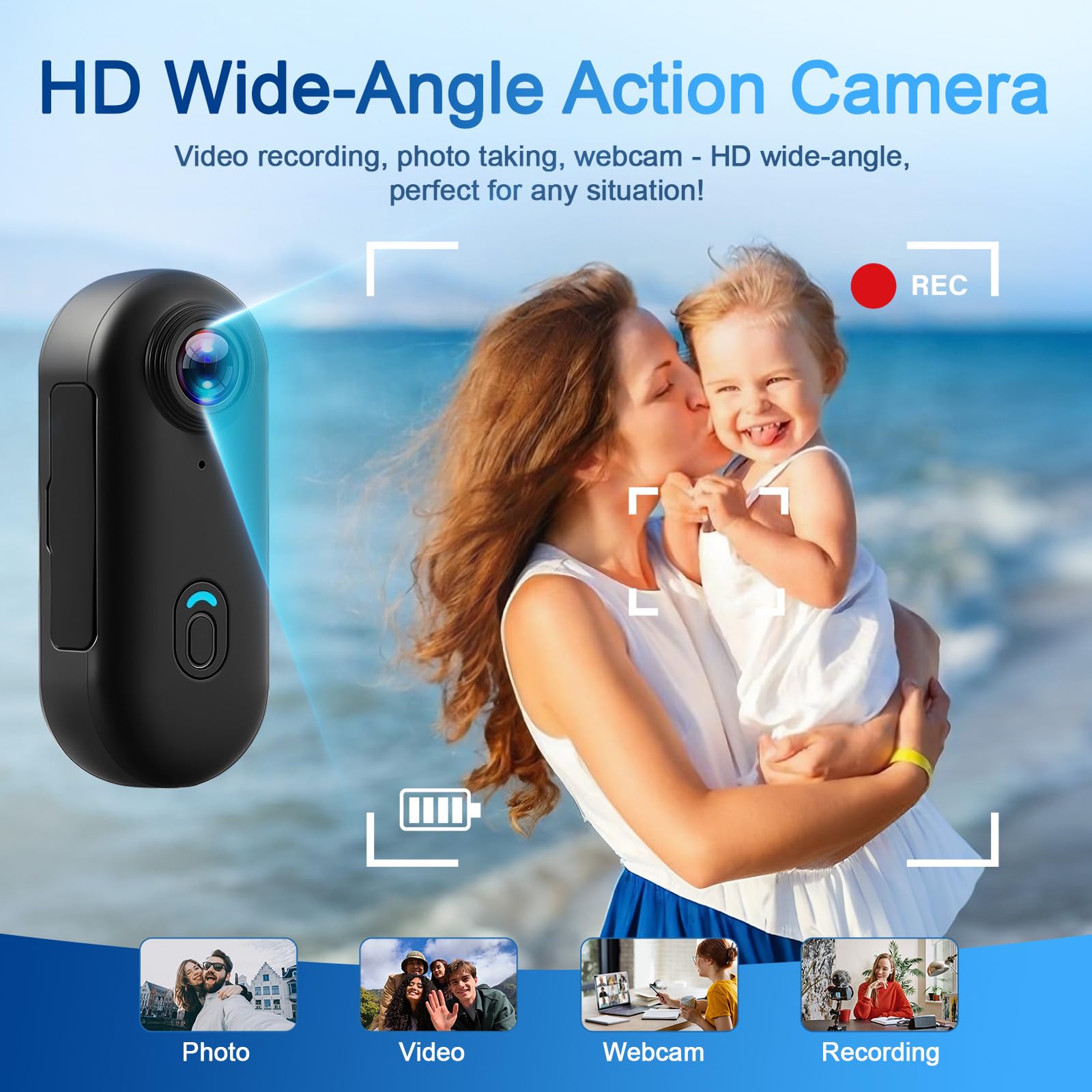 Action Cam, wasserdichte Kamera, 64GB Mini Bodycam, Fahrrad Dashcam, WiFi Action Camera, Körperkameras, Helmkamera Motorrad, Sportkamera mit Magnetisch und 360°-Klammer, für Radfahren Surfen