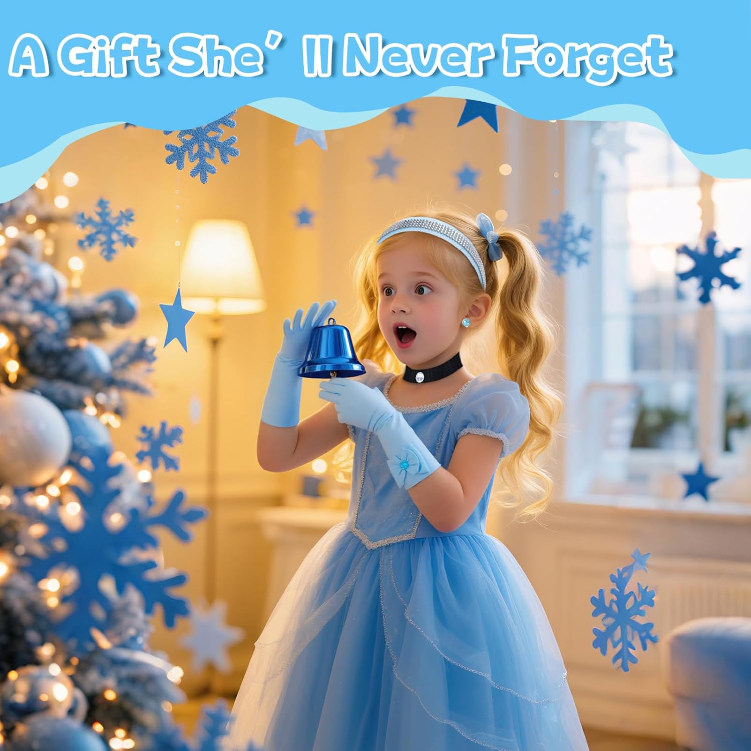 Cinderella Accessories for Girls - 4 PCS Rhinestone Crown, Headband, Choker Necklace, Gloves & Earrings for Dress-Up, Birthday Parties, Halloween & Cosplay (Blue) - Image 10