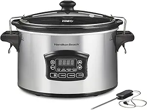 Hamilton Beach Portable 6 Quart Set & Forget Digital Programmable Slow Cooker with Lid Lock, Temperature Probe & Defrost Setting, Dishwasher Safe Crock & Lid, Silver (33869)