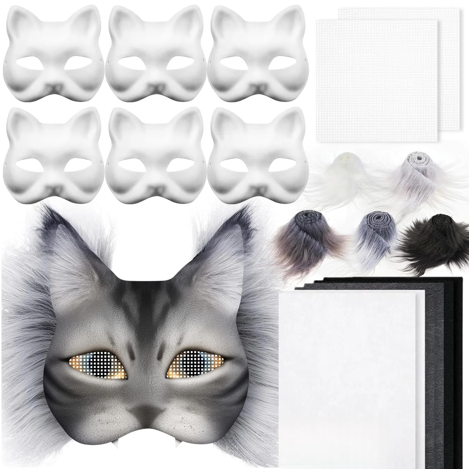 Masque Chat Diy Therian Ensemble, 6 Masque Halloween, Masque Bal Masqué, MatéRiau Papier, Livré Avec De La Fausse Fourrure,De La Maille Et Du Feutre Convient Pour Halloween,Mascarade,Jeu De RôLe