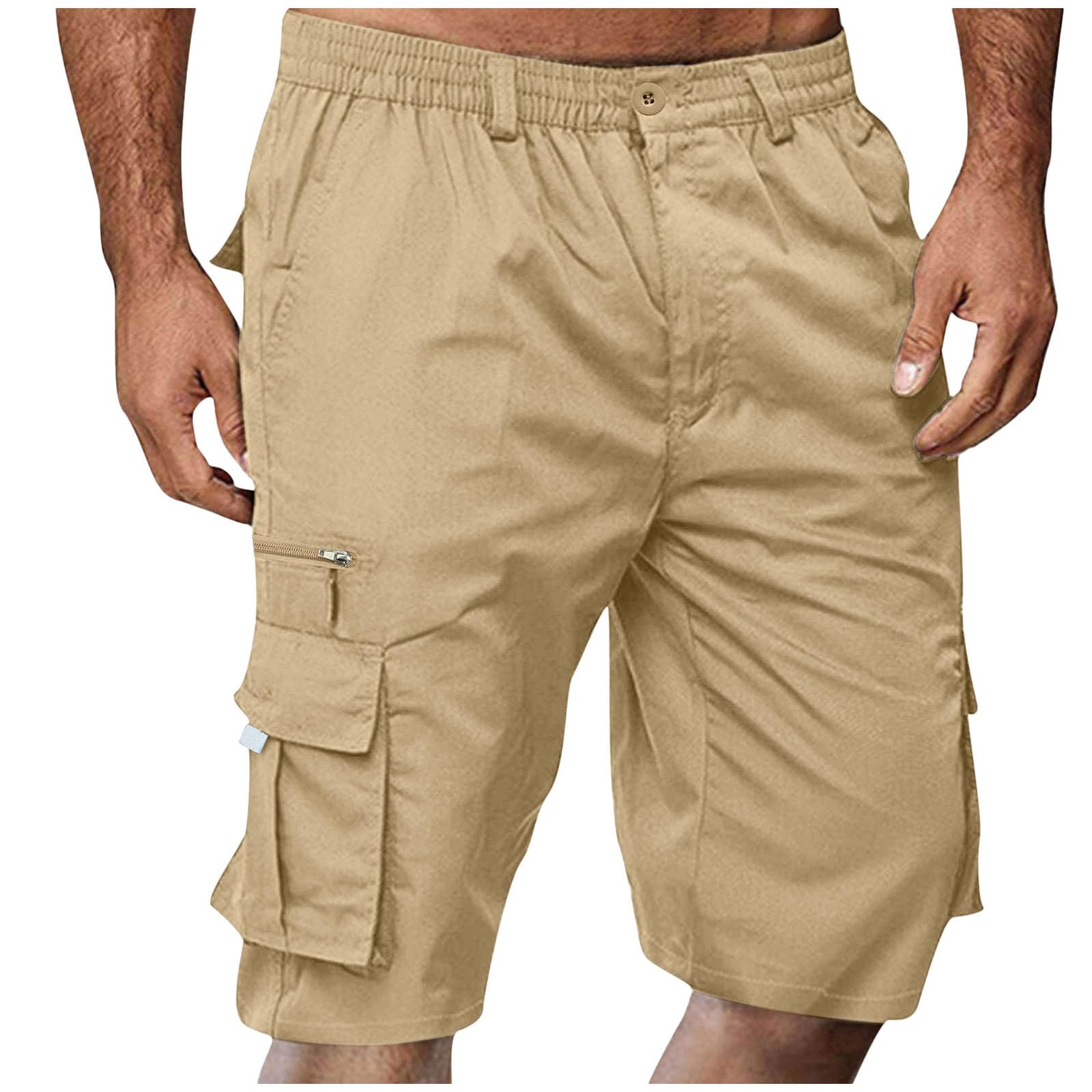 Cargo Shorts for Men Casual Summer Hiking Shorts Elastic Waist Big and Tall Bermuda Shorts with Pockets Knee Length A02-Khaki XL