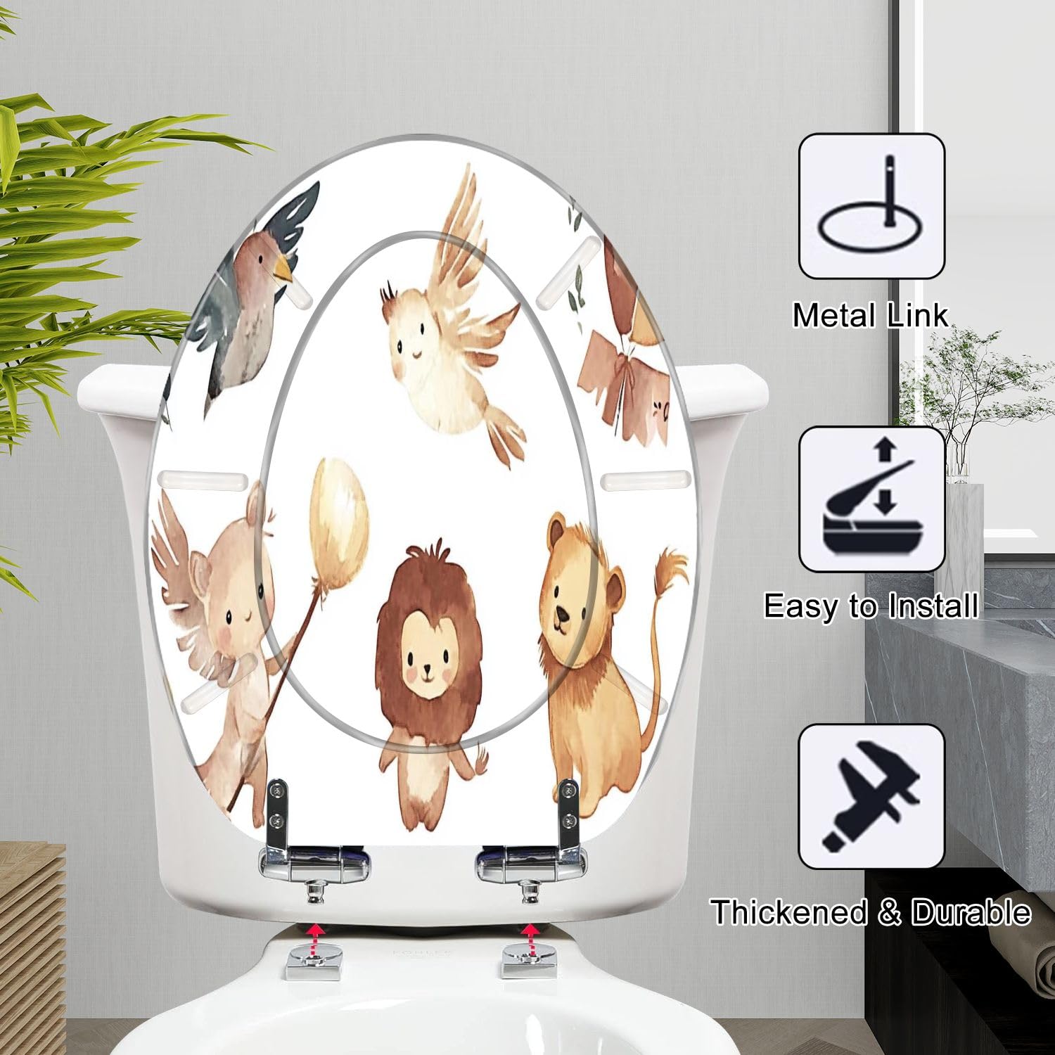 Sedile per WC per bambini con chiusura ammortizzata, motivo acquerello, uccello, leone, orso, resina, cerniere a sgancio rapido, facile installazione.