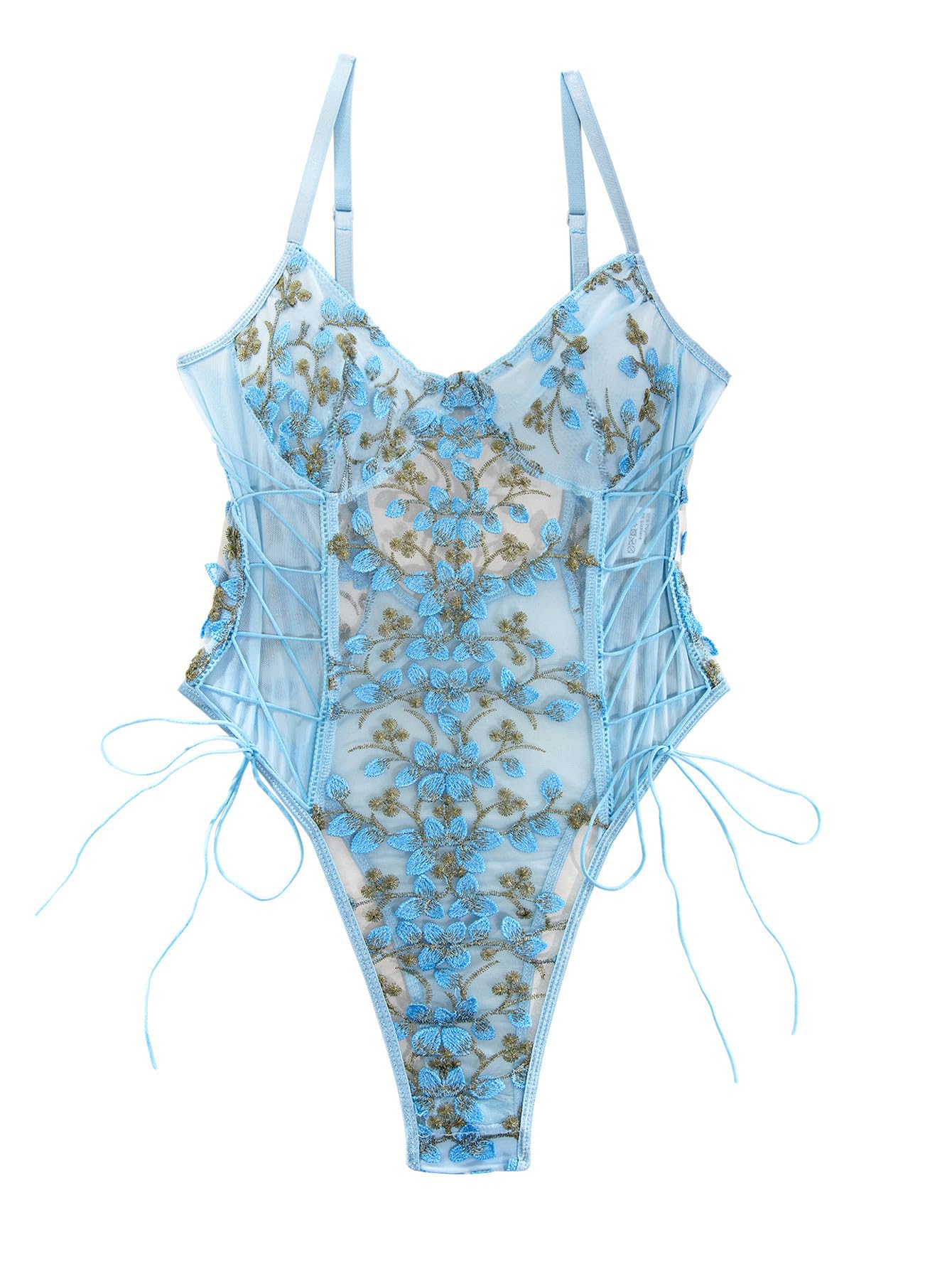 Women Sexy Lace Up Floral Embroidered Teddy Lingerie Bodysuit Top Mesh Sheer One Piece