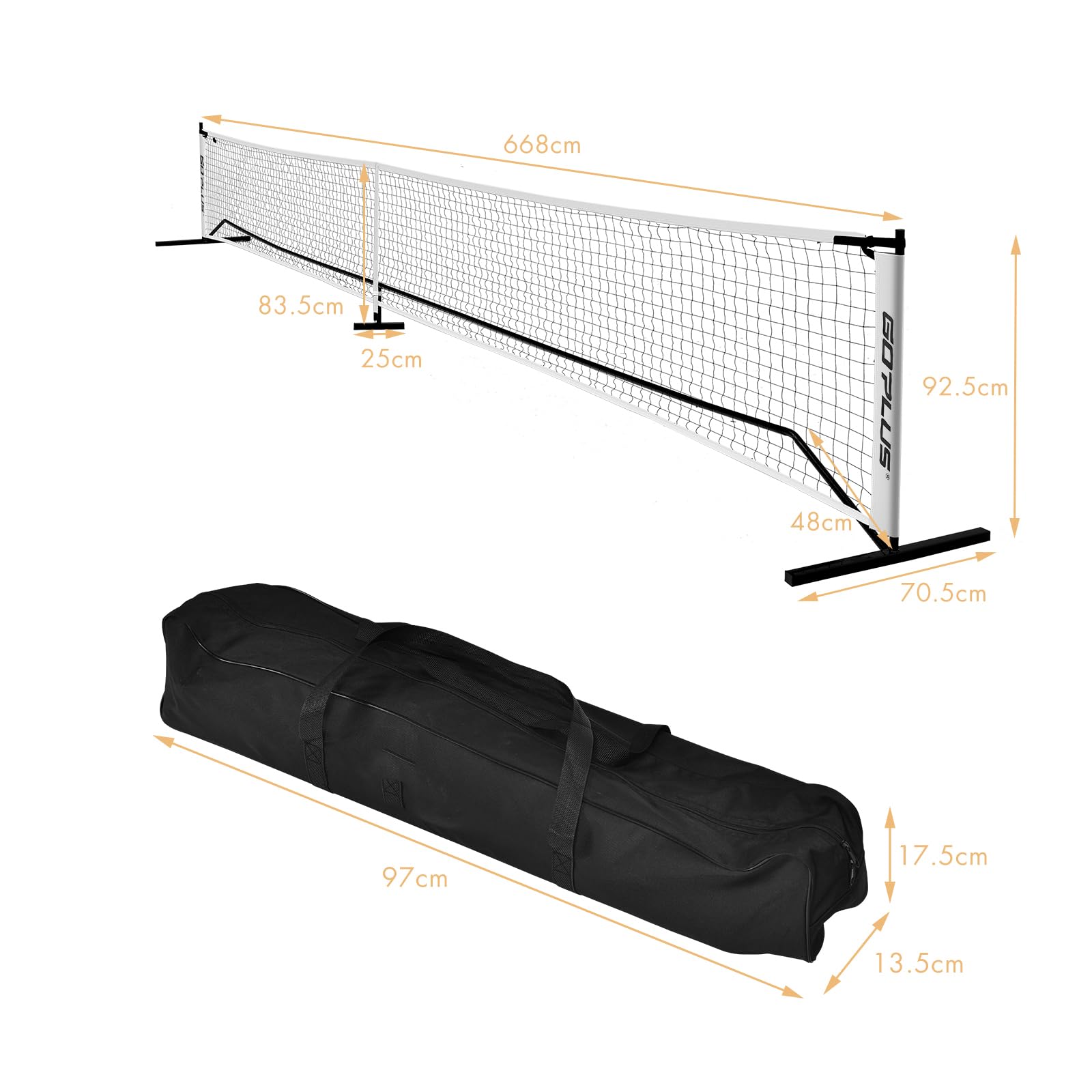 GYMAX Filet de Pickleball Portable 670X92CM en Polyester Durable, avec Base Stable & Sac de Transport en Oxford, Réglage Rapide, Idéal pour Intérieur/Extérieur/Gym/Cour
