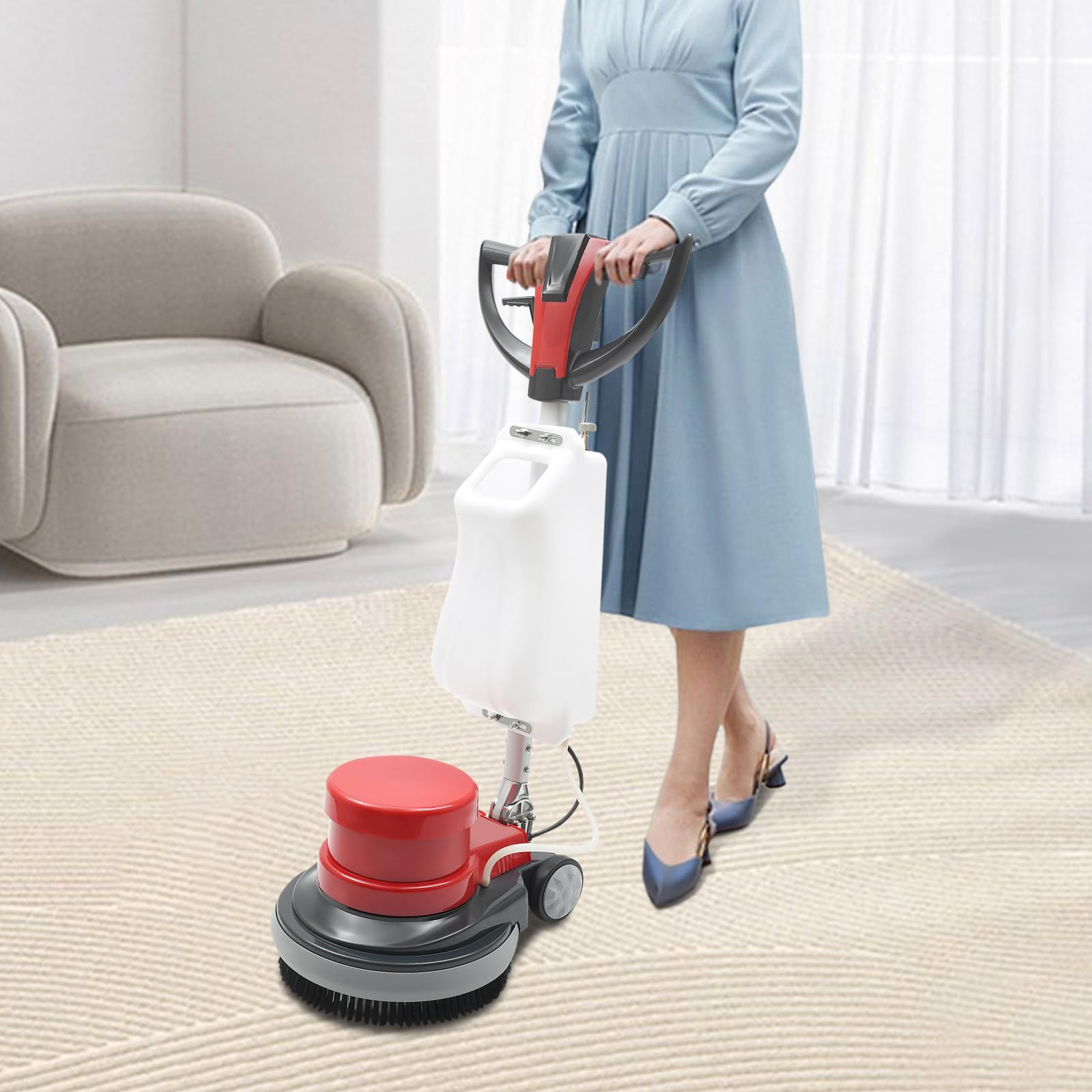 Bodenreinigungsmaschine 1100 W, 17-Zoll Teppich- und Bodenreiniger mit 8L Wassertank, Polier- und Scheuerfunktion, für Hartböden und Teppiche, 39,4ft Netzkabel, 154 U/min, für Hotel, Büro, Mall, (Rot