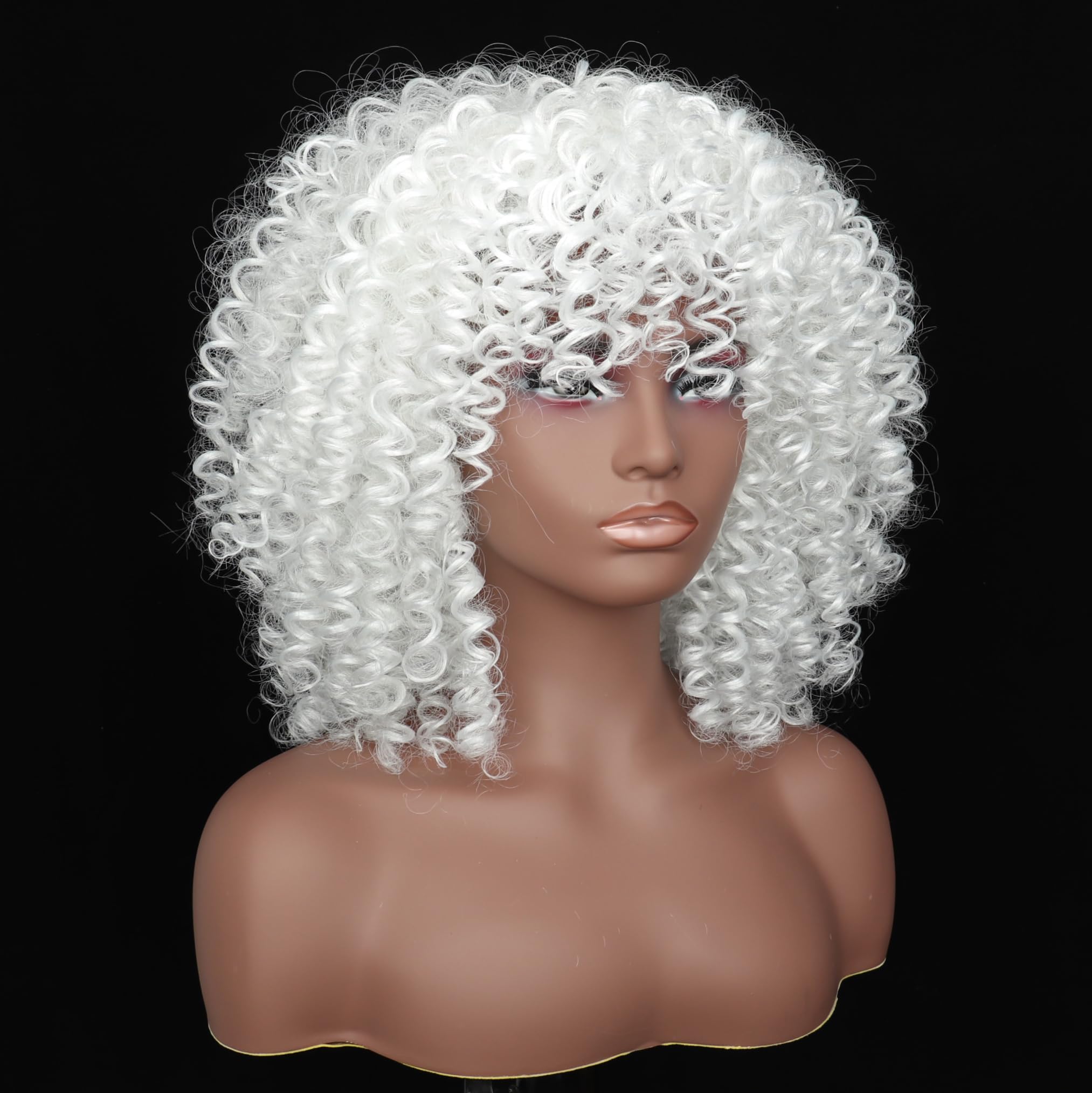 Colorfulpanda Pelucas cortas rizadas afro blancas con flequillo, peluca afro voluminosa, peluca de pelo rizado natural sintético para mujeres negras, ideal para cosplay, Halloween, fiesta y uso diario