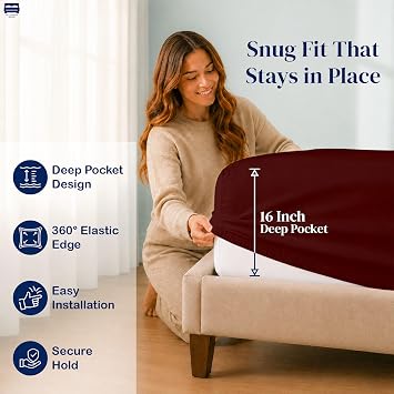 4 PC Flex Top Split Head Queen Sheet Set, 28 Split, Burgundy Solid