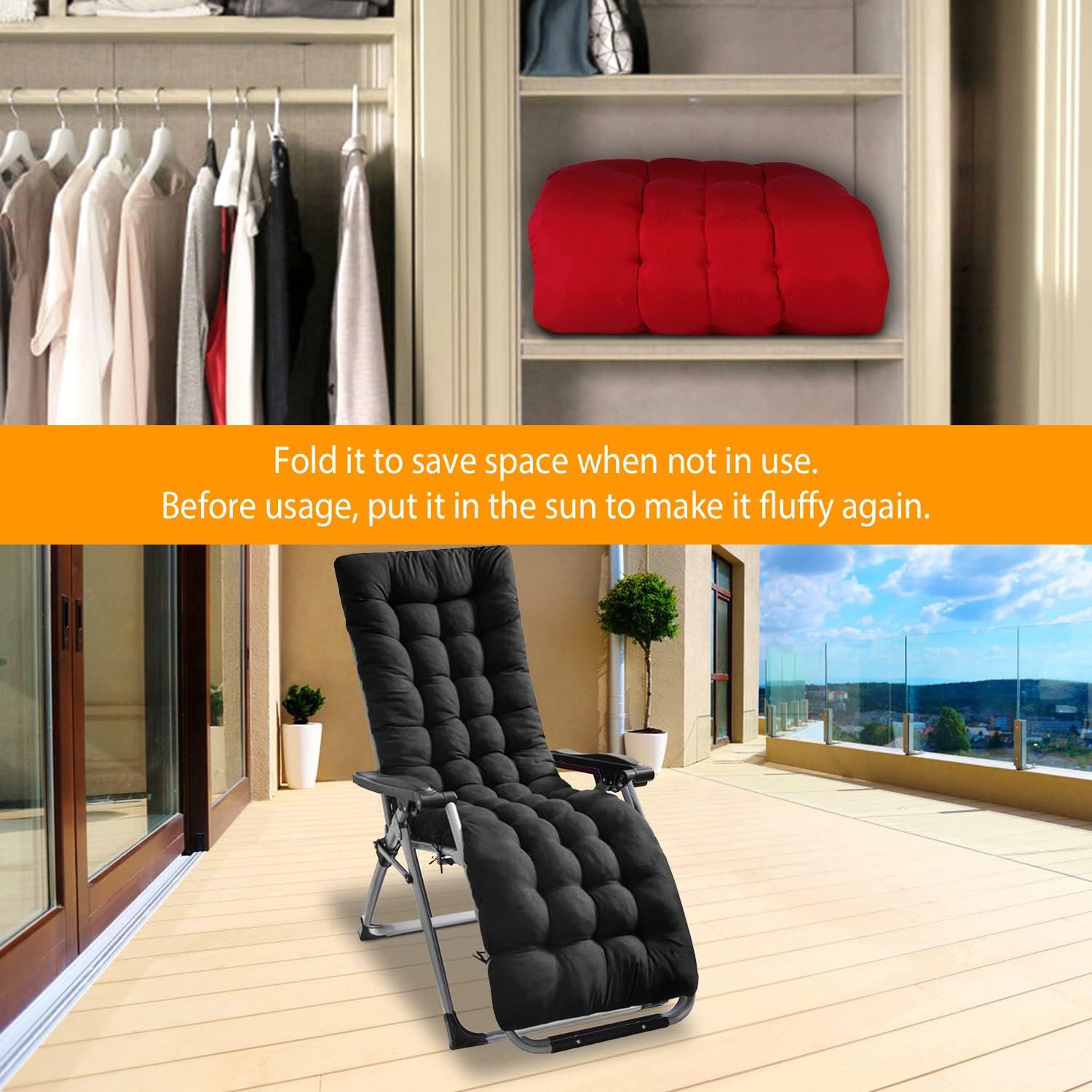 Black Polyester Chaise Lounger Cushion for Outdoor Recliners