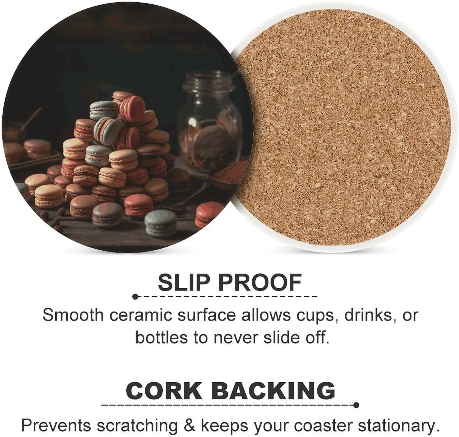 Macarons Coasters Round Coasters Set Ceramic Stone Coaster with Cork Base Coffee Cup Beverage Cup Mat Cute Funny Table Drinks Coaster for Mugs and Cups Office Kitchen