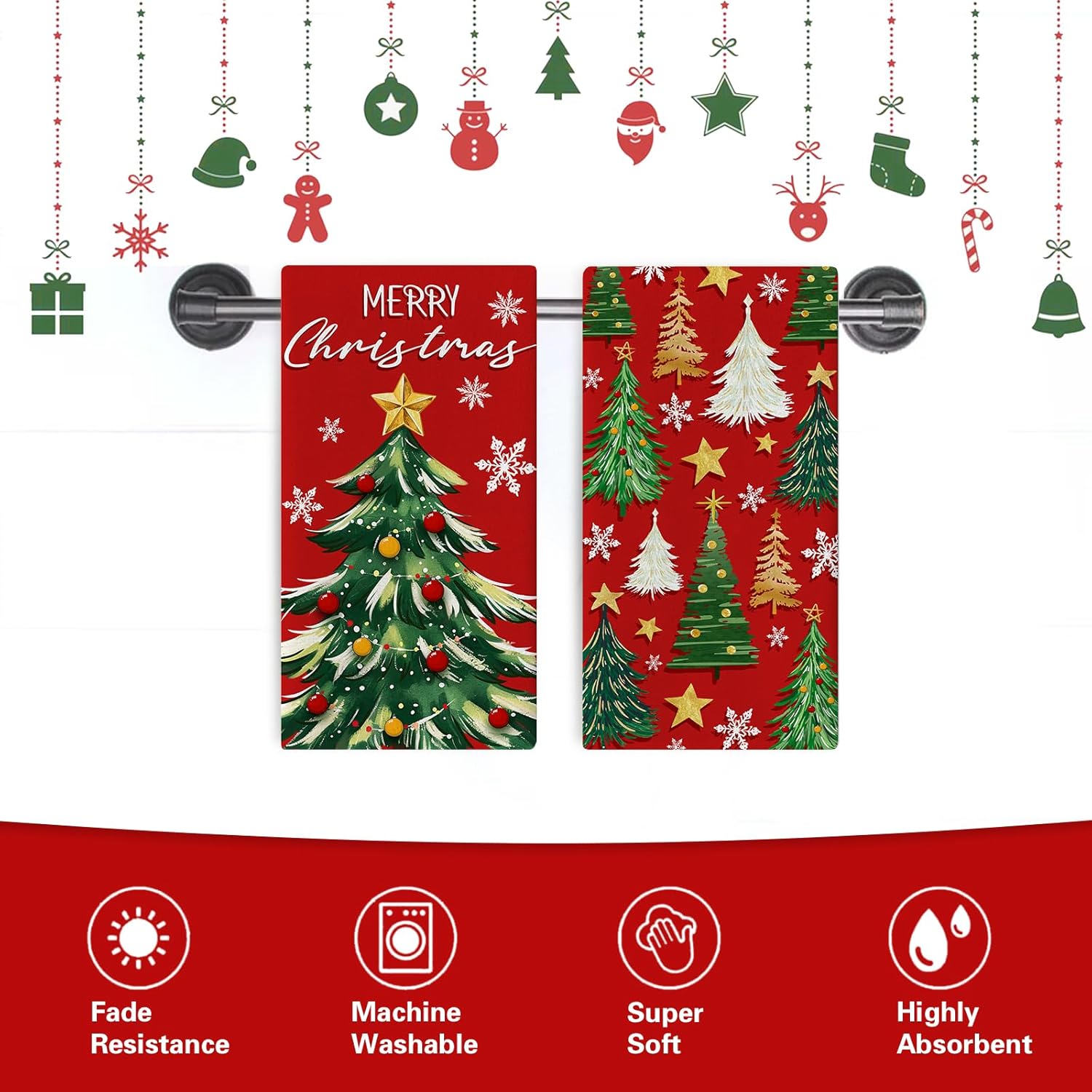 Merry Christmas Tree Red Kitchen Dish Towels Set of 2, Xmas Pine Trees Snowflake Drying Hand Towel Baking Cooking Cloth, Winter Holiday Farmhouse Bathroom Home Decoration 18 x 26 Inches - Image 6