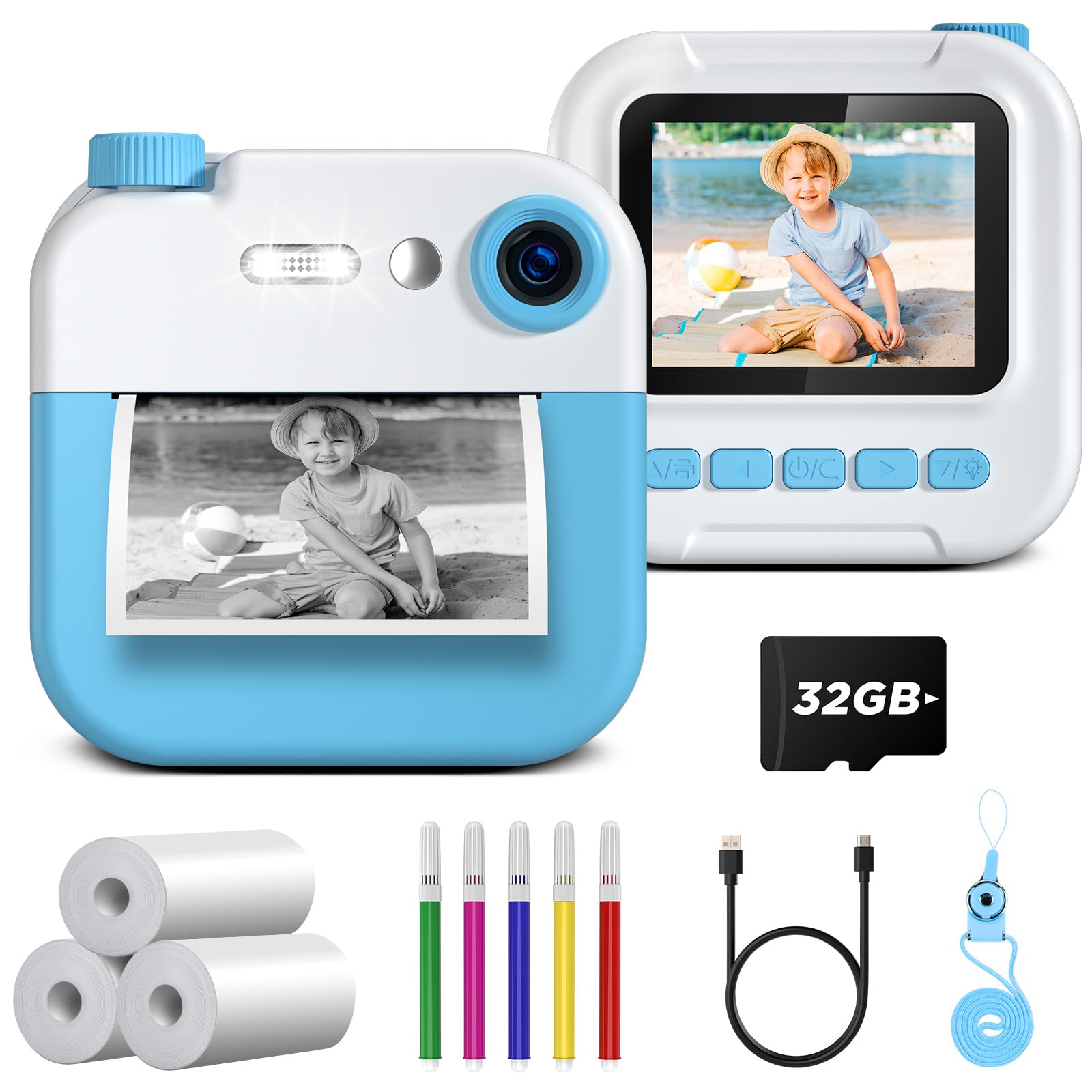 Macchina Fotografica Bambini Istantanea, GREENKINDER 1080P 2,4" Fotografica Bambini con 32GB Card, Fotocamera Istantanea Bambini con Rotoli Carta Stampa e Penne Colorate, Regalo per Bambini 3-12 Anni