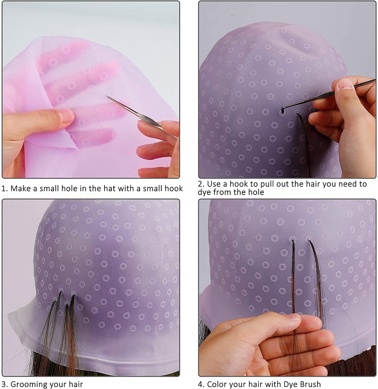 NYAMAH SALES Silicone Highlight Hair Cap with Needle Professional Reusable Highlighting Poked Hole Cap with 2 in 1 Brush, Hair Colour brush and Hair Dye Curved Dish   - Multi Color. - Image 7 thumbnail