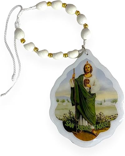 Medallón de madera blanca de San Judas colgante para el hogar bendición del coche Medalla de protección automática Medalla de cuna Medalla ornamento