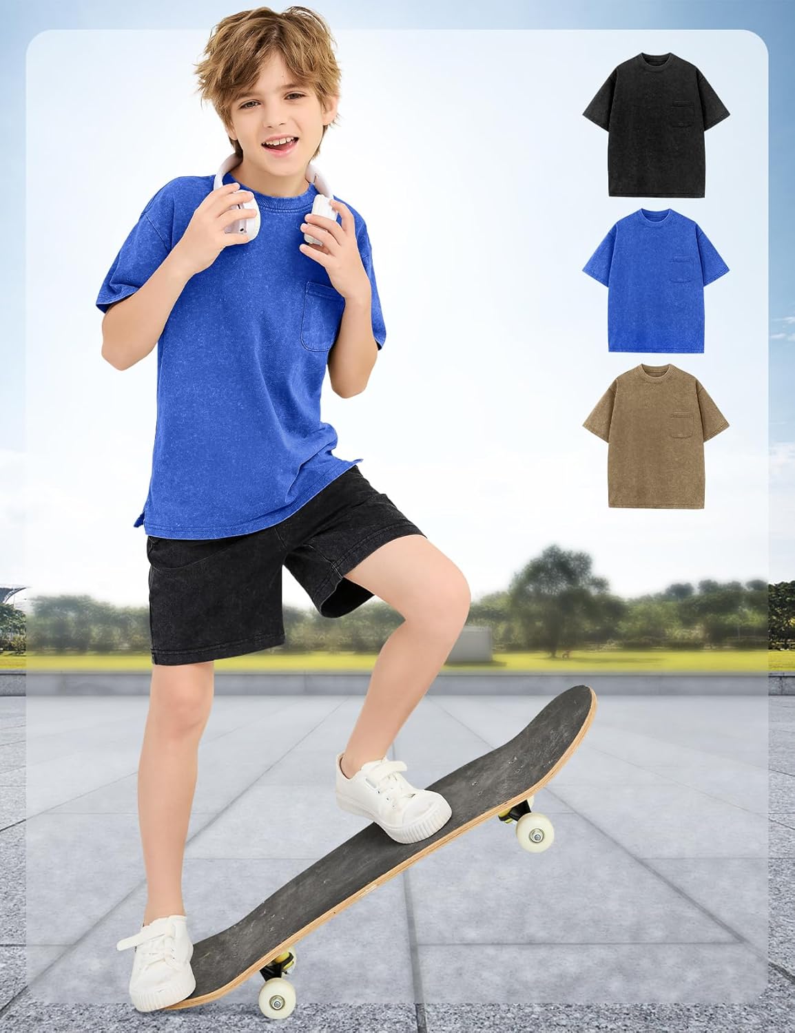 3 Pack Boys Girls Shirts Short Sleeve Acid Washed Cotton T-Shirts Kids Tshirts Summer Tops Tees 5-14 Years - Image 7