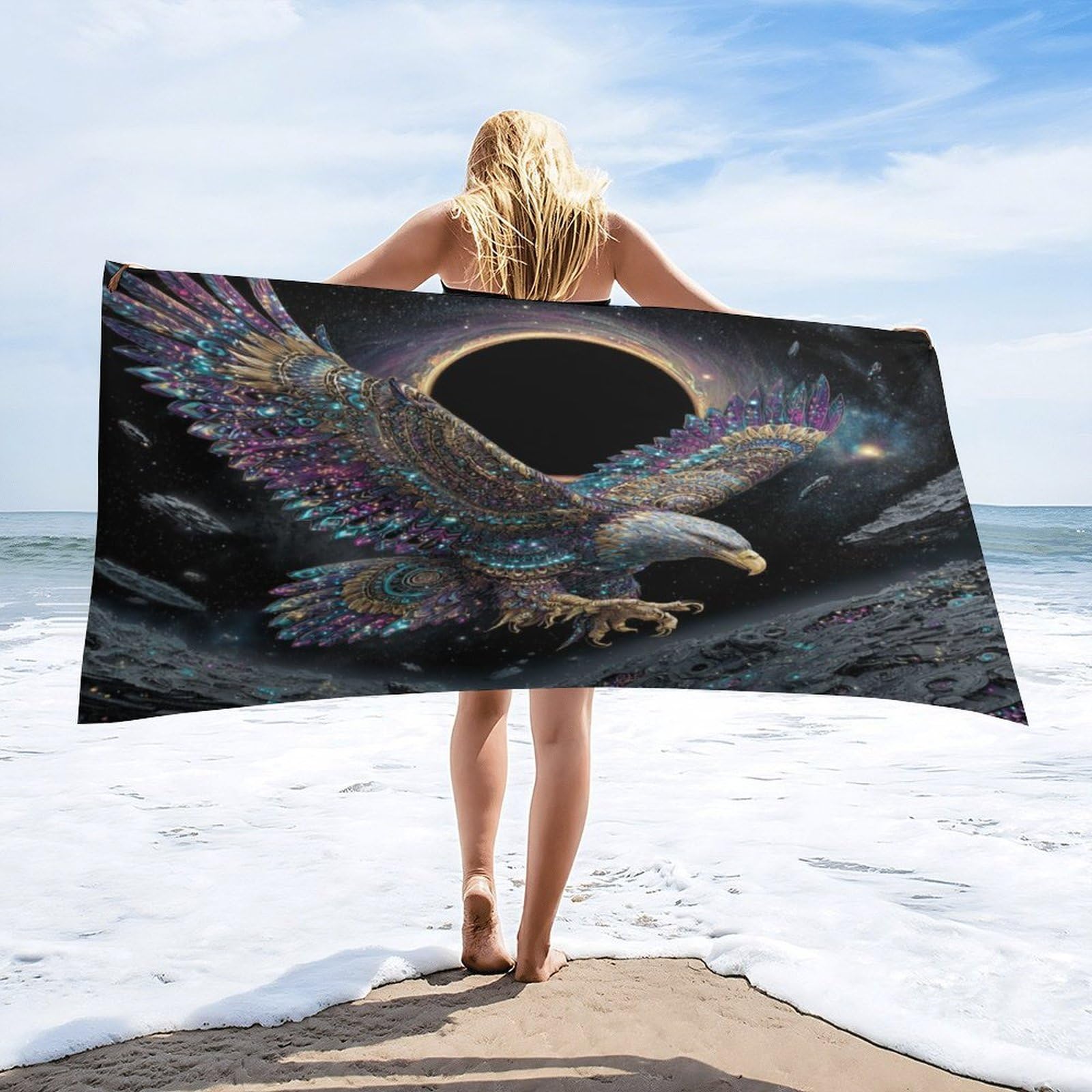 Luyysky Colorful Abstract Bald Eagle Absorbent Beach Towel, Cool Watercolor Galaxy Constellation Animal Bird Bald Eagle Outdoor Single-Sided Velvet Beach Towel-80 W Cm X 160" L Cm