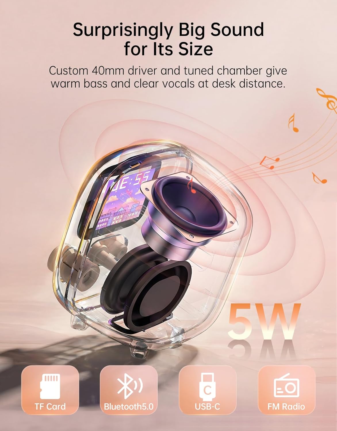 Divoom Tiivoo-2 Retro Bluetooth Speaker with FM Radio, Pixel Art Display, Portable Mini Wireless Speaker, Vintage Desk Decor, Cute Room Speaker for Bedroom, Home Office & Gift, Cream