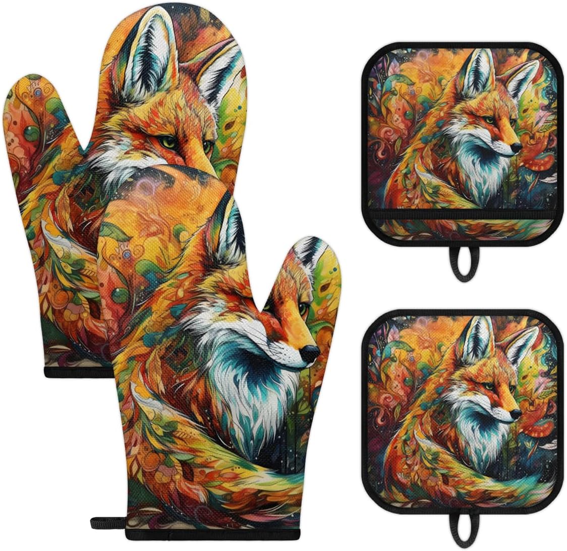 Oven Mitts and Pot Holders Sets of 4 - Art Watercolor Fox Heat Resistant Oven Mitts Sets Oven Gloves Potholder,Kitchen Accessories for Cooking Baking Grilling BBQ