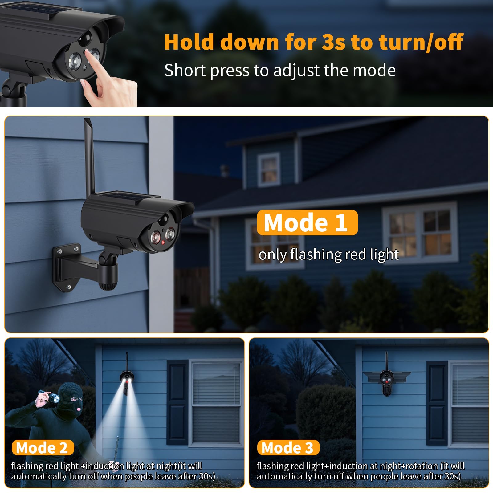 ERWEY Caméra solaire factice simulée avec détecteur de mouvement, caméra de surveillance avec lampe LED puissante comme protection anti-effraction, 3 modes, IP65 pour l'intérieur et l'extérieur