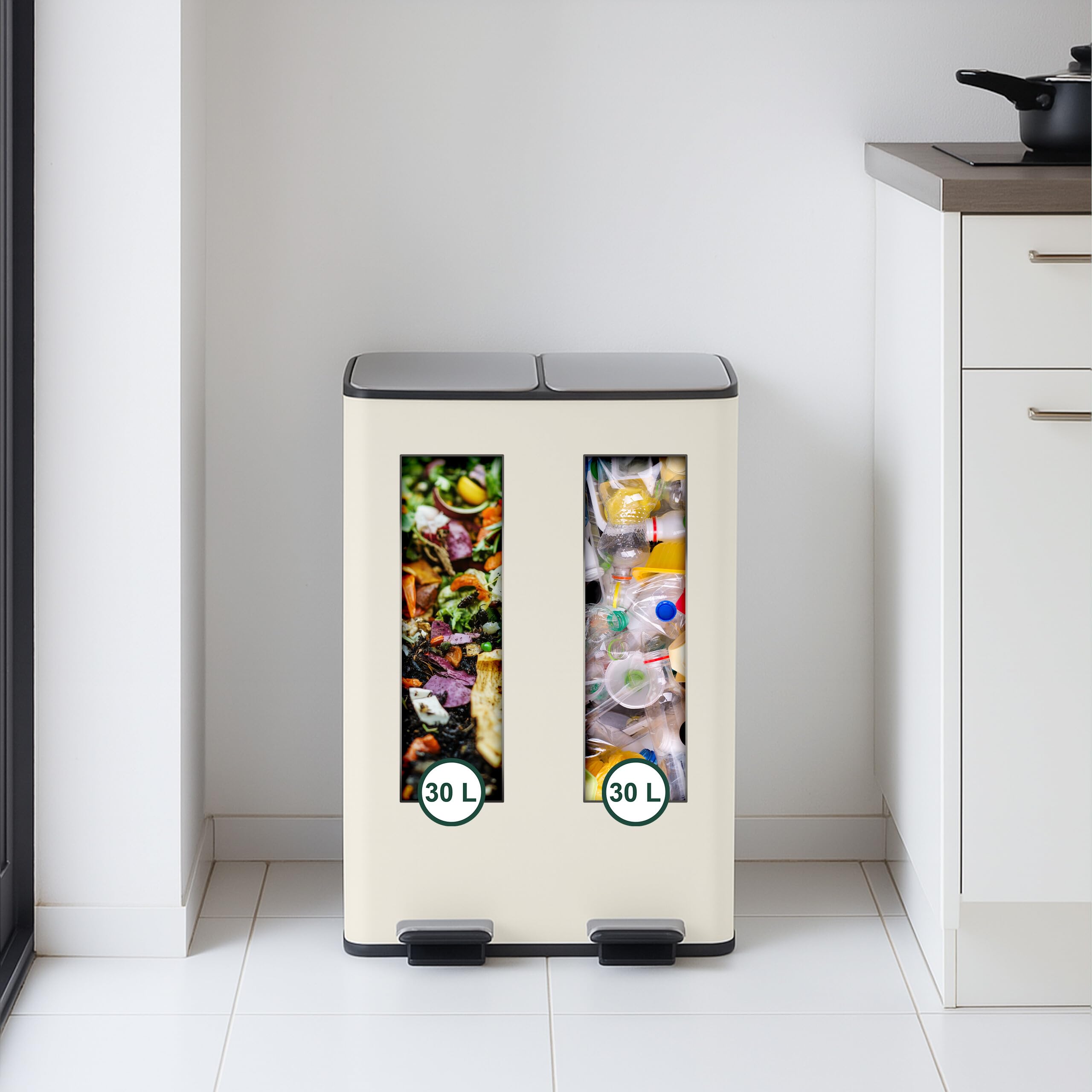 Relaxdays Cubo Basura Doble, 2 Compartimentos 30 litros c/u, Botes Interiores Extraíbles, Pedal, Cocina, Beige/Plateado
