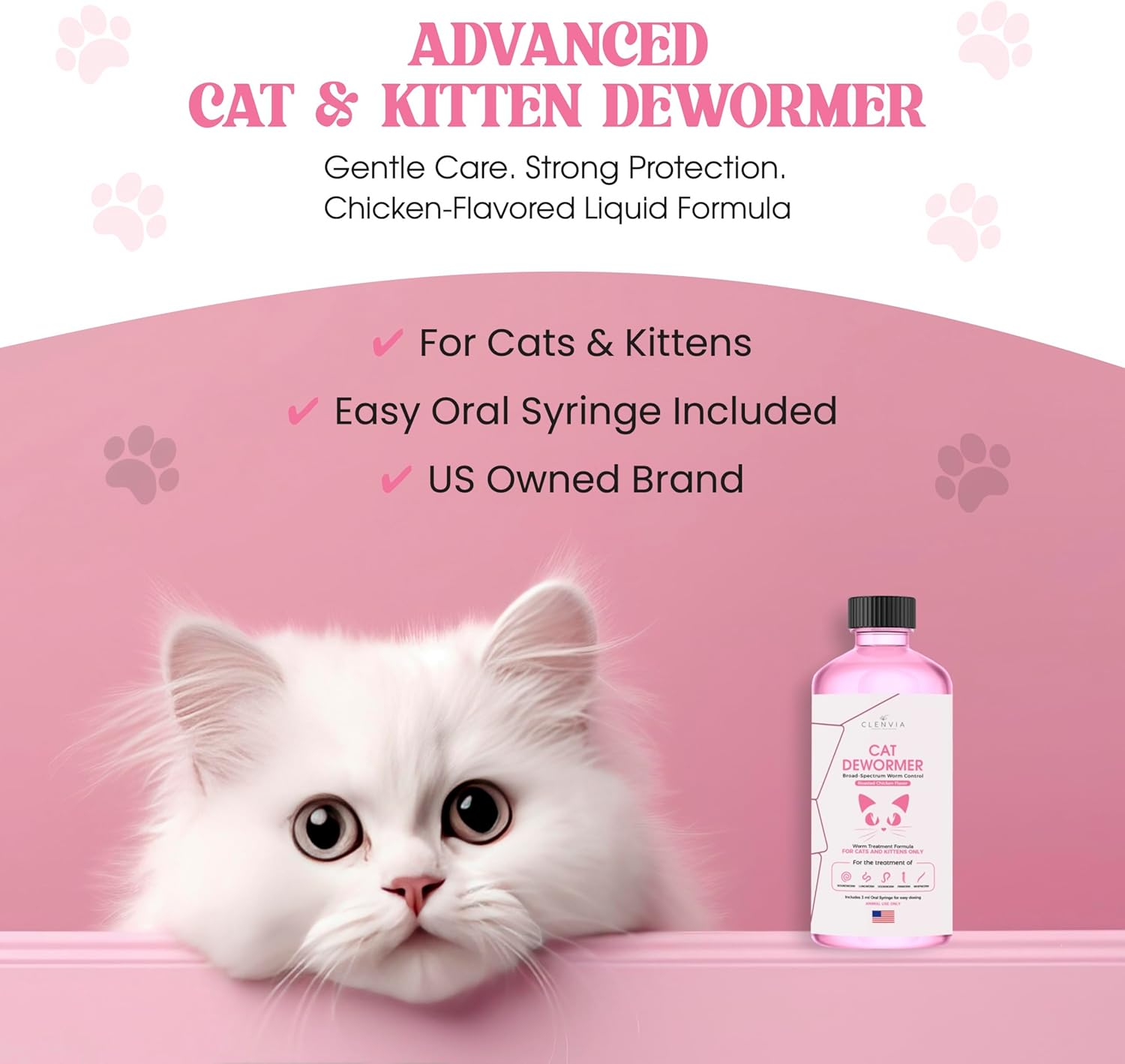 Dewormer for Cats Liquid – Chicken Flavor Cat Dewormer for Cats & Kittens – Oral Formula with Syringe – Tapeworm Care Support – 2 oz (60 ml)