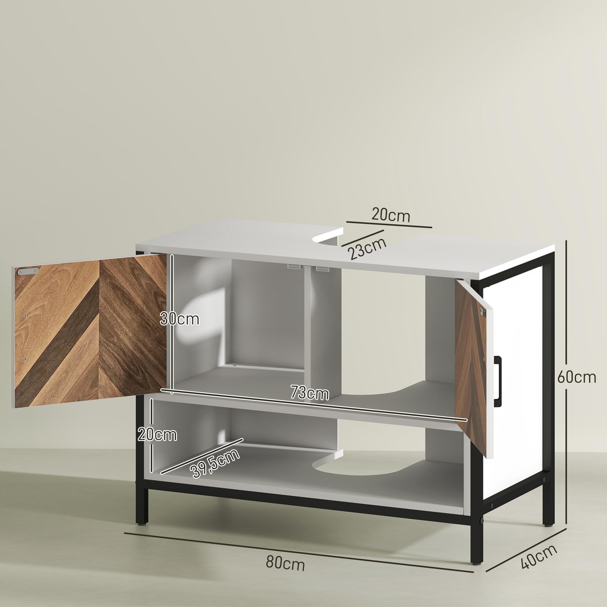 HOMCOM Mueble Bajo Lavabo de Baño con 2 Puertas 80x40x60 cm Crema y Nogal | Mueble de Baño, Patrón en Espiga, Compartimento Abierto, para Lavabo con Pedestal o con Pie