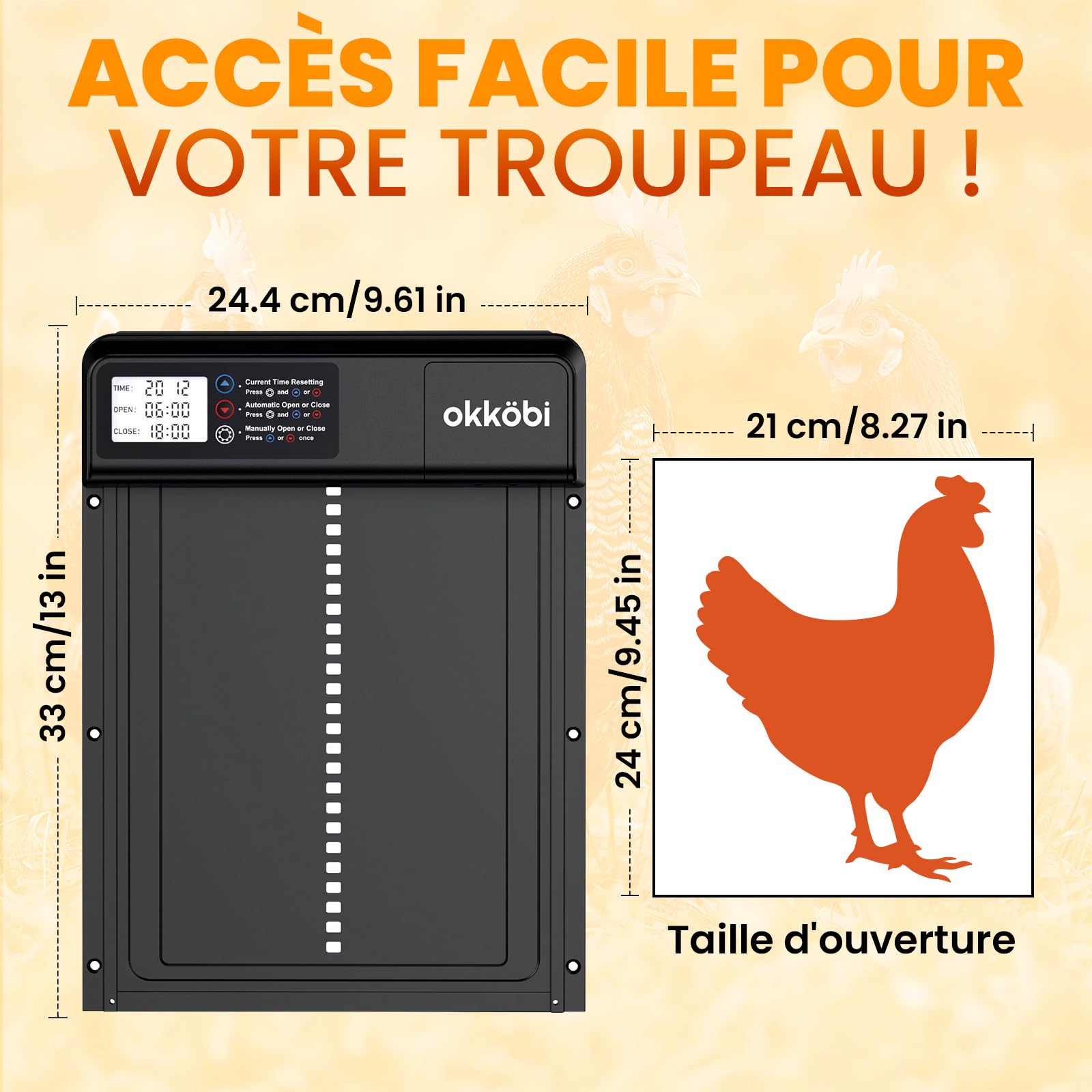 Lite Porte Automatique de Poulailler - À Piles - Écran LCD | Anti-Pincement pour la Sécurité, Résiste de -15 à 60 Degrés Celsius, Compatible avec Canards et Oies - Noir