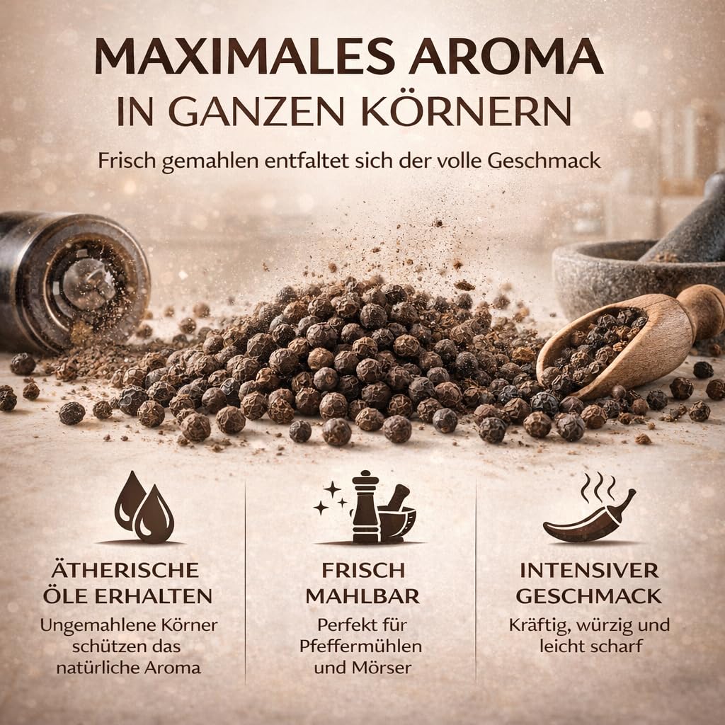 GiDeli Schwarzer Pfeffer Ganz 4 x 5kg - Pfefferkörner - Perfekt für Suppen, Saucen und Marinaden - Für Pfeffermühle geeignet - Aromatisch und Vielseitig - 100% Naturrein ohne Zusätze