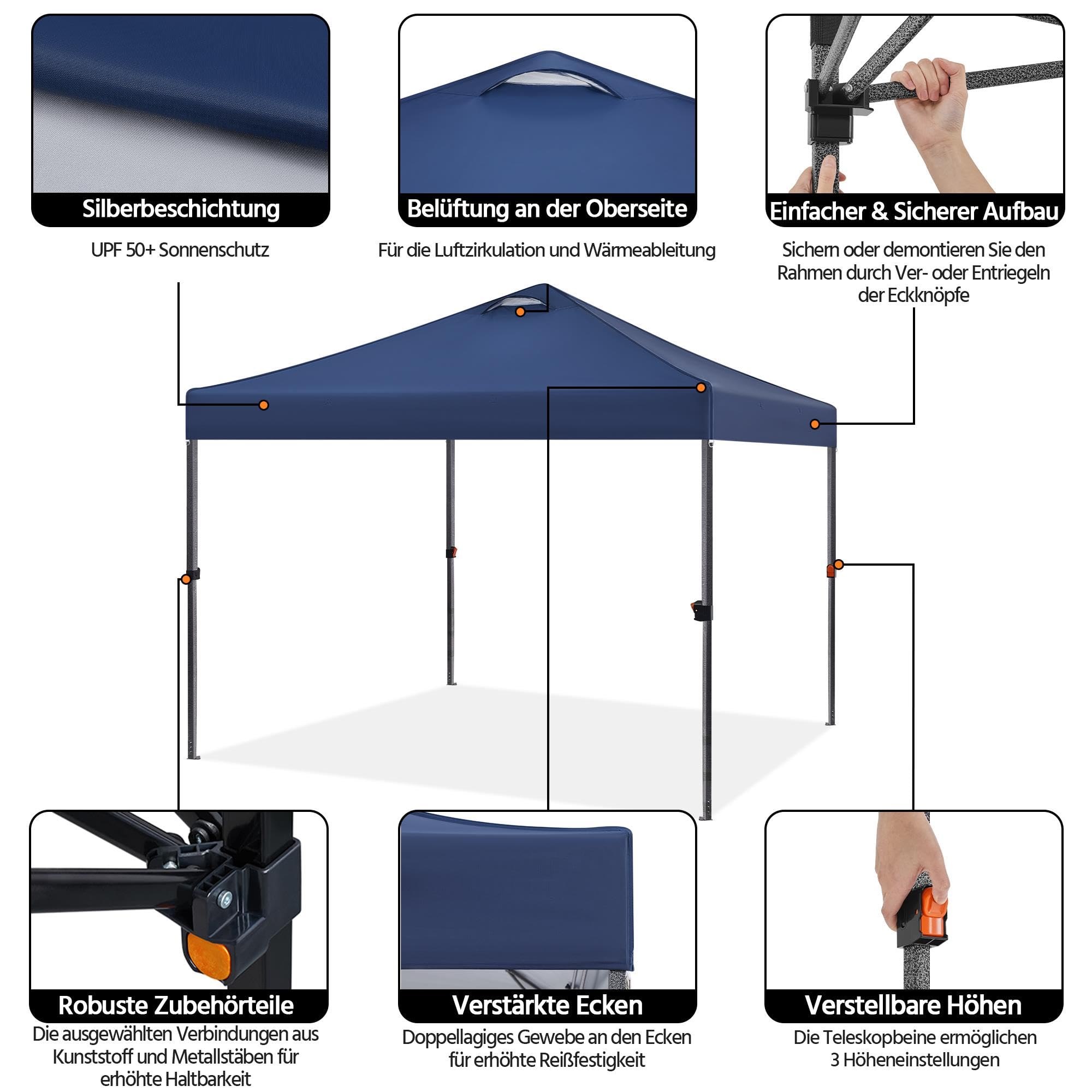 Yaheetech 3x3m Gartenpavillon Höhenverstellbar Pop Up Pavillon, Navy Blau | Faltpavillon Wasserdicht Stabil Faltzelt inkl. Tasche & 4 Sandsäcke UV-Schutz 50+ Campingpavillon für Garten Camping