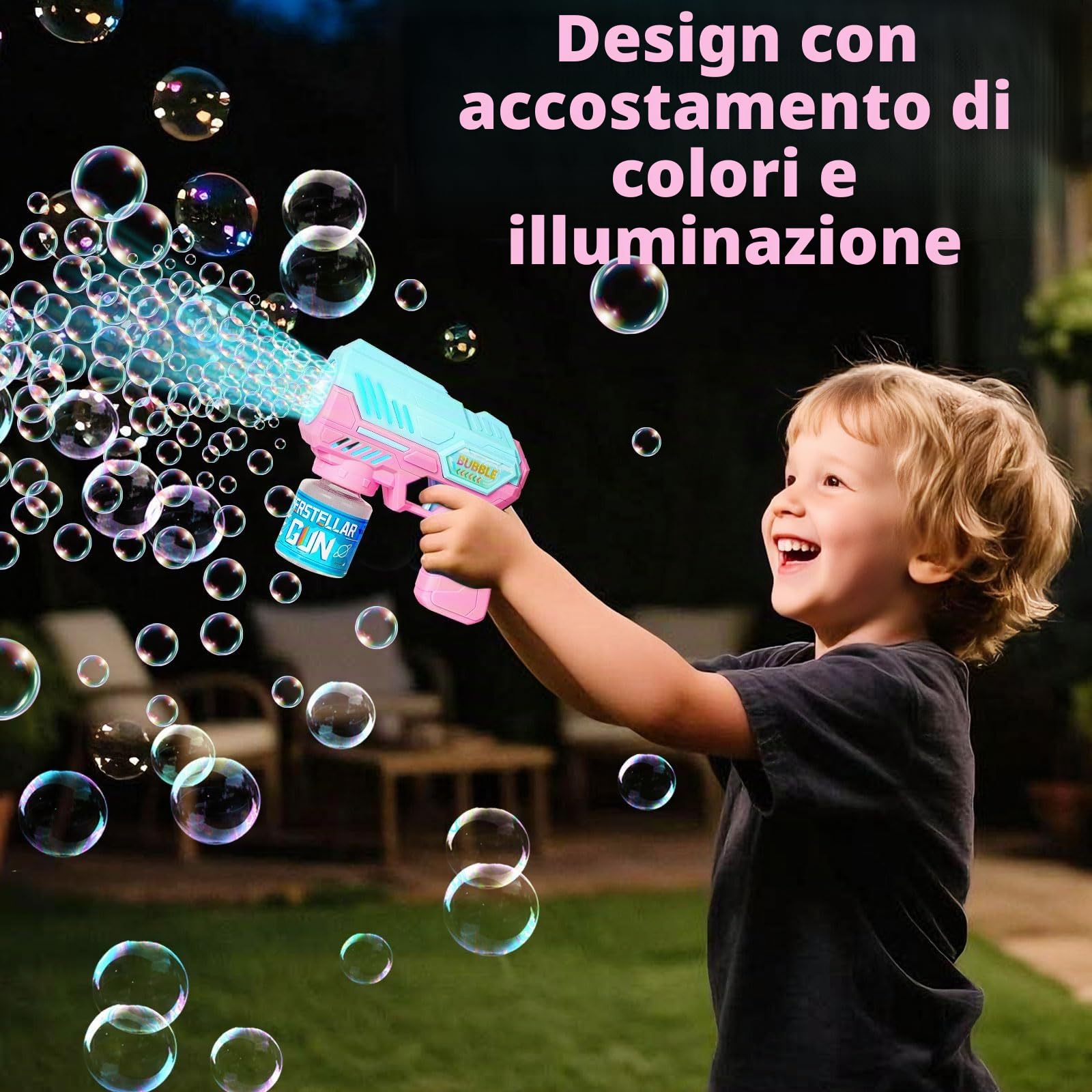Pistola Bolle di Sapone, Sparabolle di Sapone - Set da 2 Pezzi - 20 Confezioni di Liquido per Bolle, Design a Colori con Giunzioni, con Luce LED, Completamente Automatico
