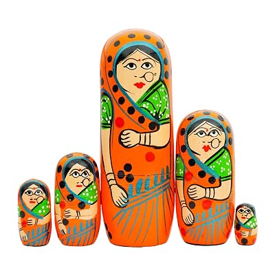 Fine Craft India Set of 5 Piece Orange Hand Paint Cute Wooden Russian Matryoshka Stacking Nested Wood Dolls